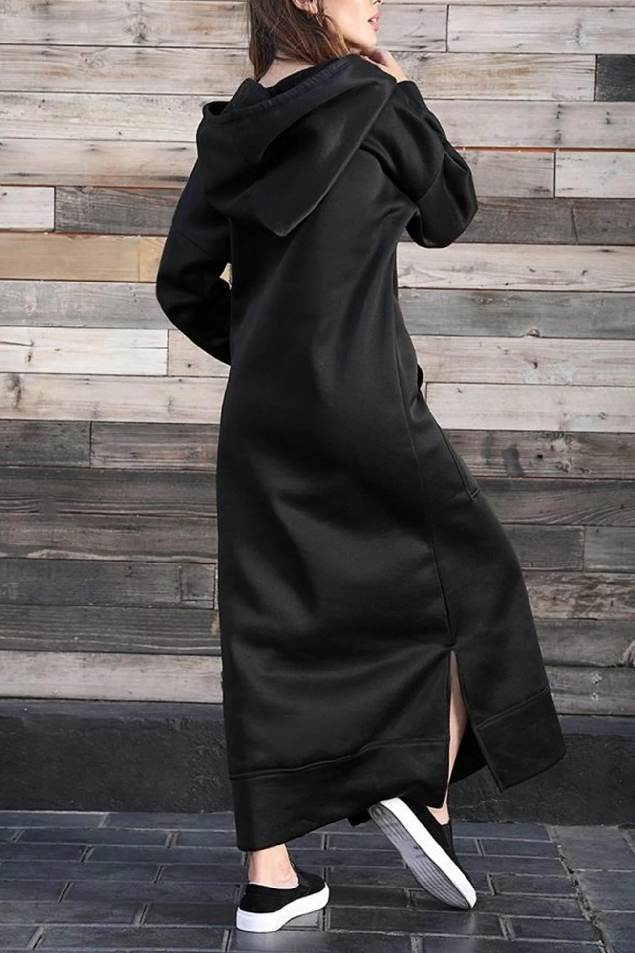 Nadia | Solid hooded dress with pockets and a slit at the hem - Image 10