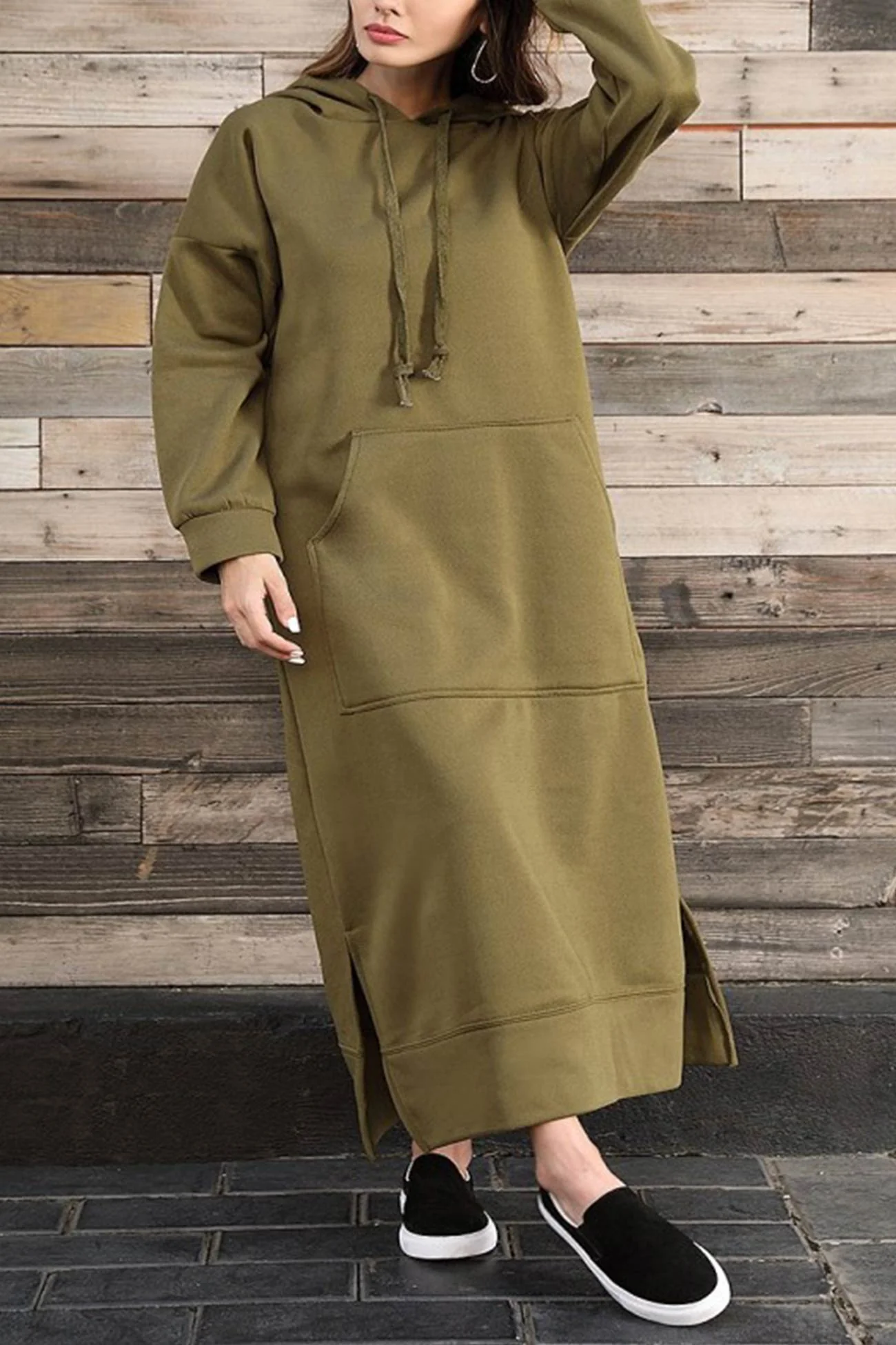 Nadia | Solid hooded dress with pockets and a slit at the hem - Image 19