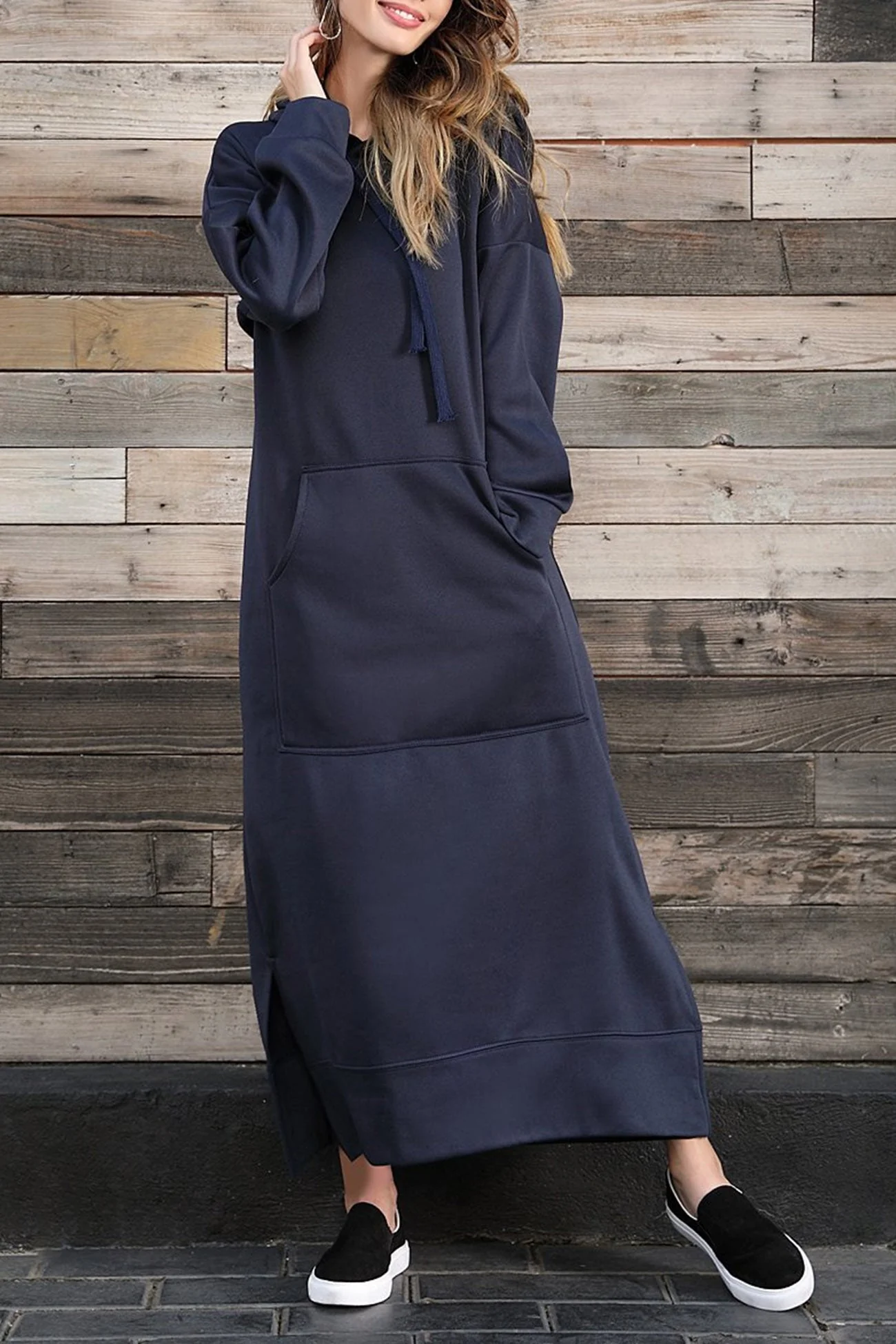 Nadia | Solid hooded dress with pockets and a slit at the hem - Image 23
