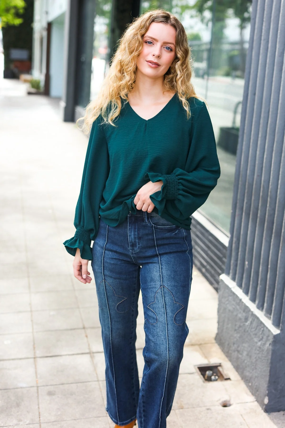 Nadine | Hello beautiful hunter green smocked woven top with bubble sleeves - Image 11