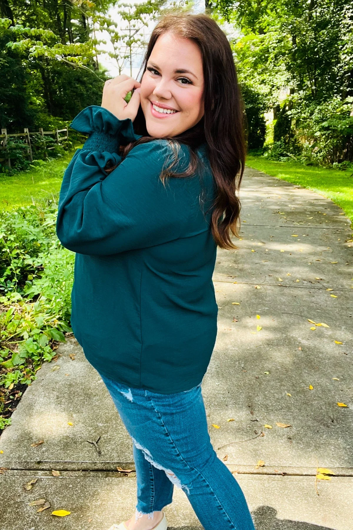 Nadine | Hello beautiful hunter green smocked woven top with bubble sleeves - Image 12