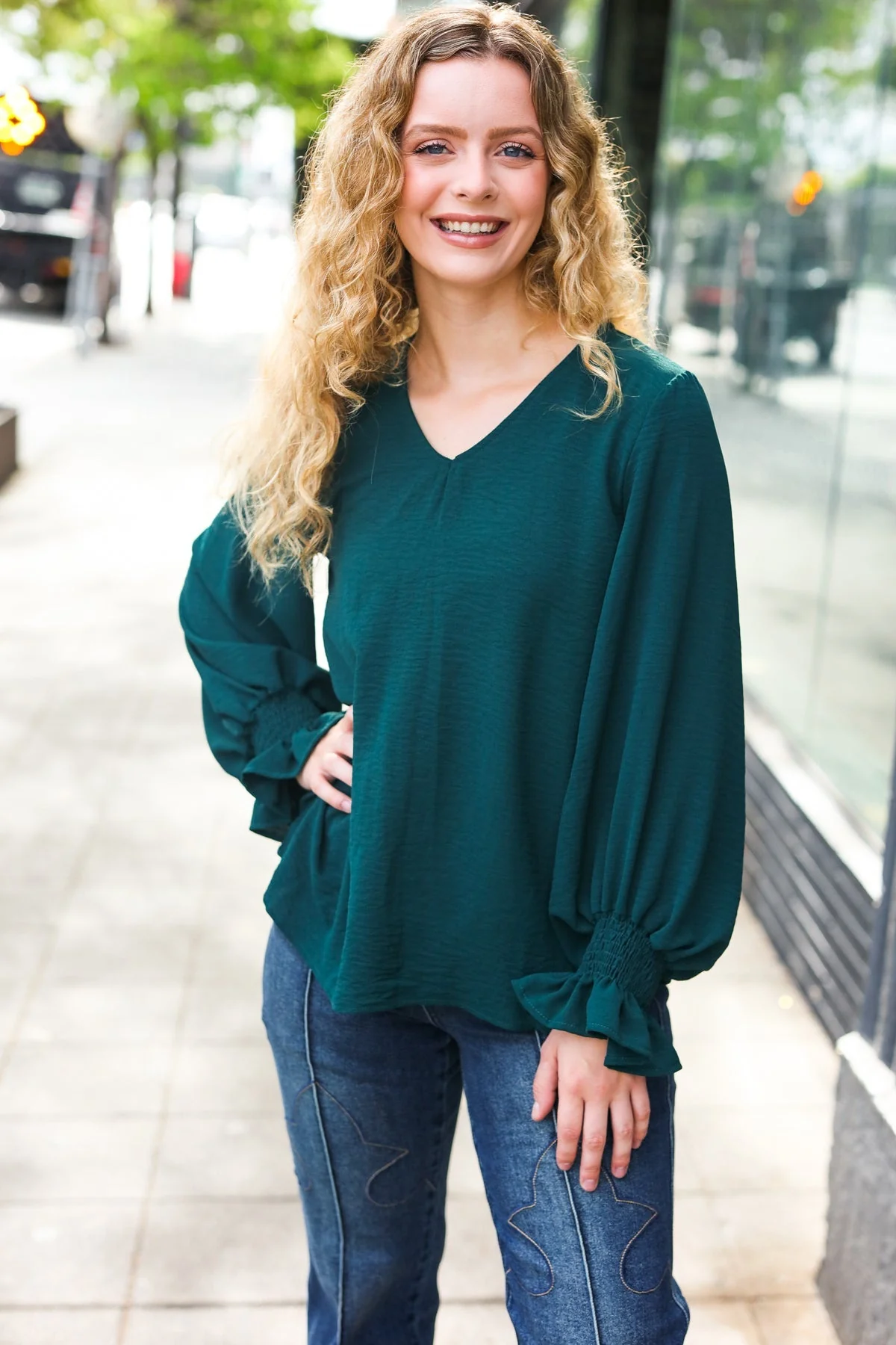 Nadine | Hello beautiful hunter green smocked woven top with bubble sleeves - Image 13