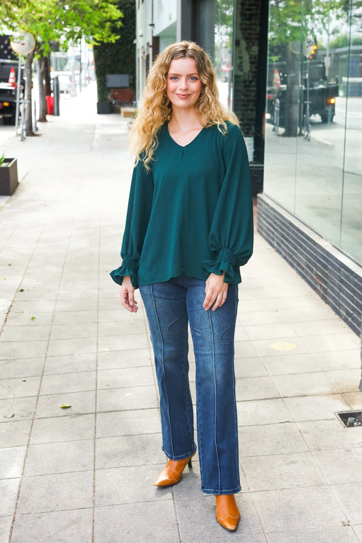 Nadine | Hello beautiful hunter green smocked woven top with bubble sleeves - Image 4