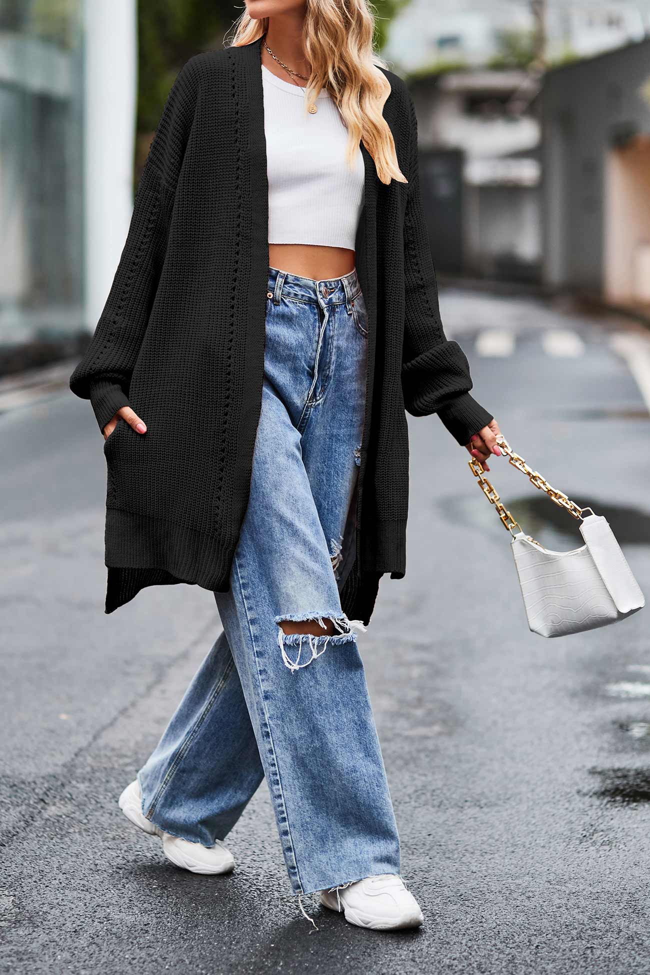 Nadine | Long cardigan with pockets, open front slit and hem - Image 14