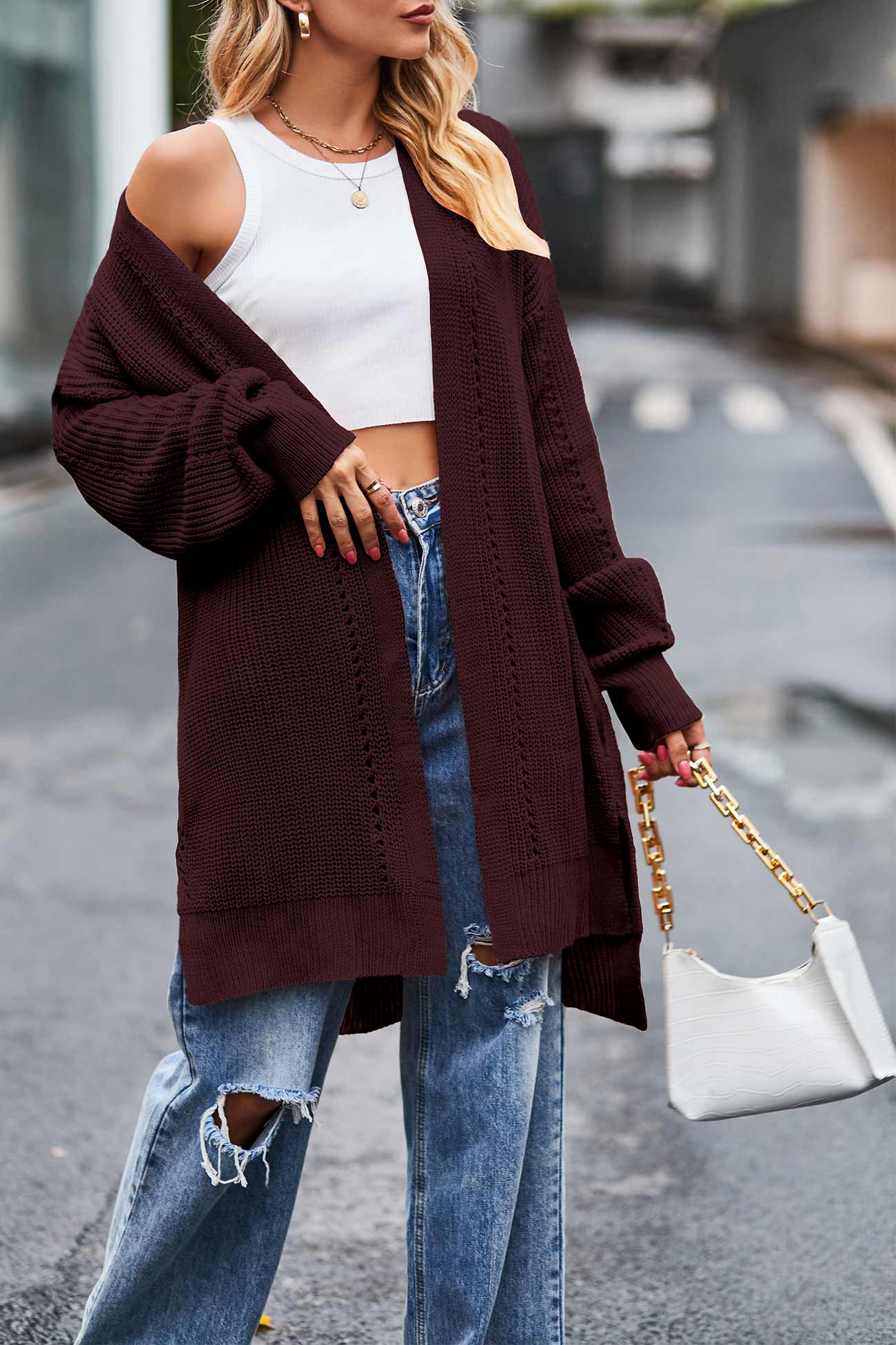 Nadine | Long cardigan with pockets, open front slit and hem - Image 16