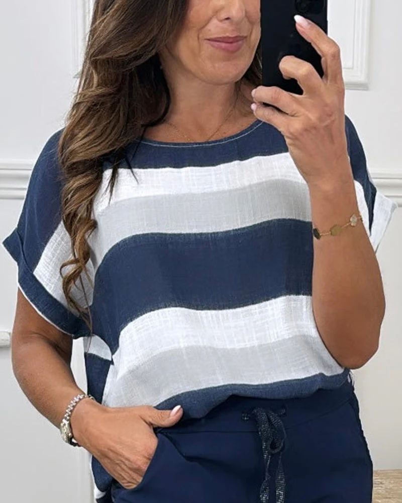 Nelly® | Casual Striped Summer Blouse With A Loose Fit Navy And White Striped Short Sleeve Top - Image 4