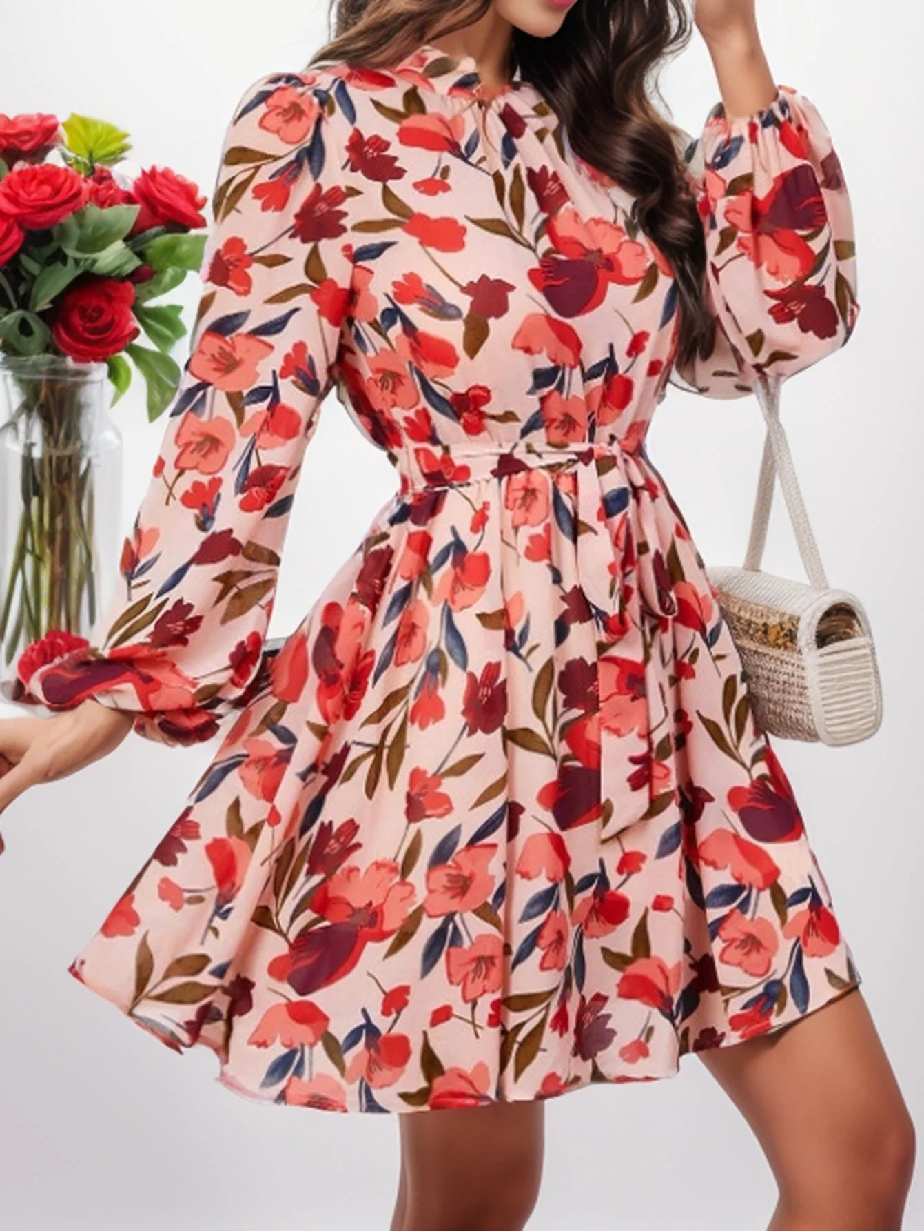 Nerea® | Women'S Floral Print Dress With Waist Belt And Long Sleeves - Image 3