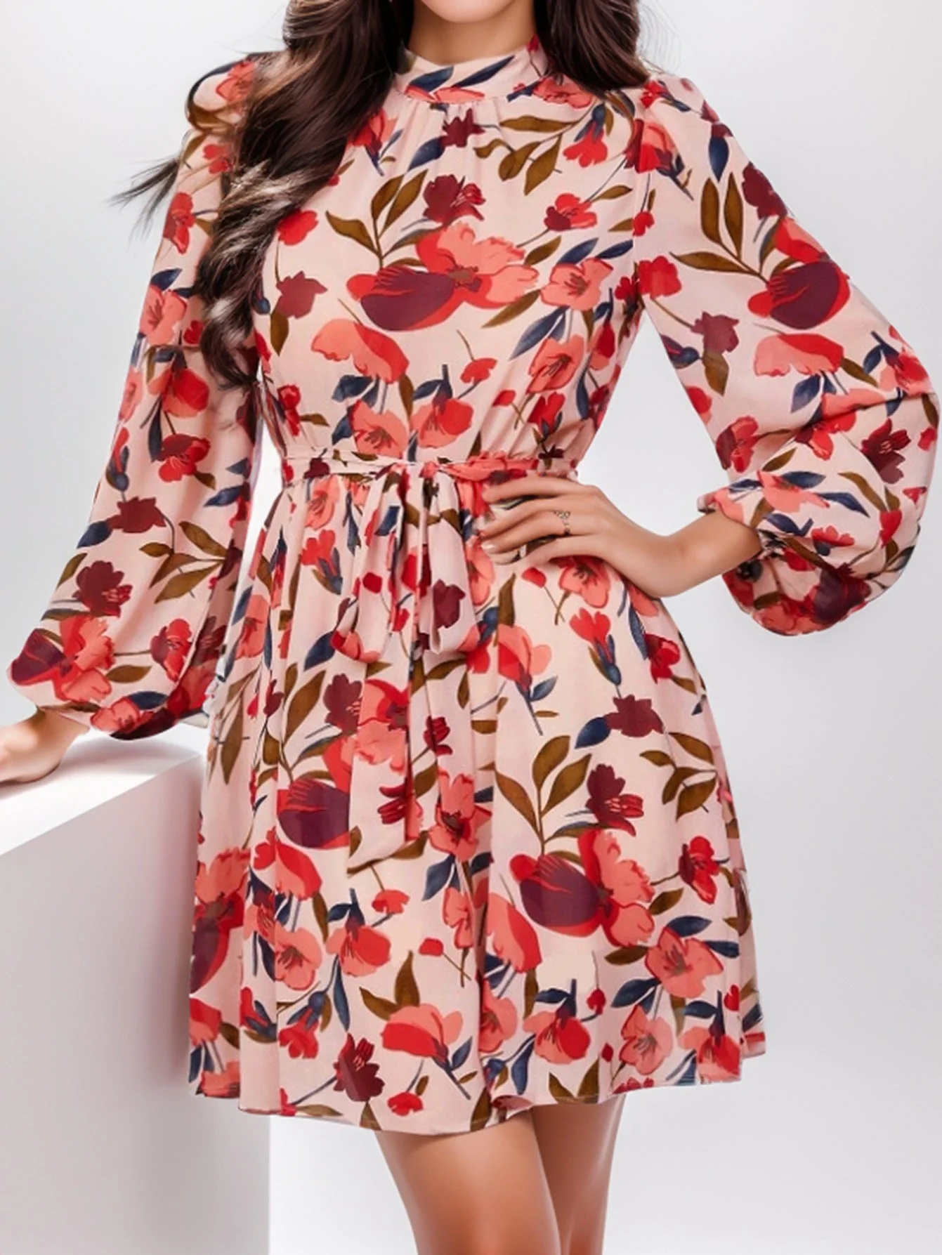 Nerea® | Women'S Floral Print Dress With Waist Belt And Long Sleeves - Image 4