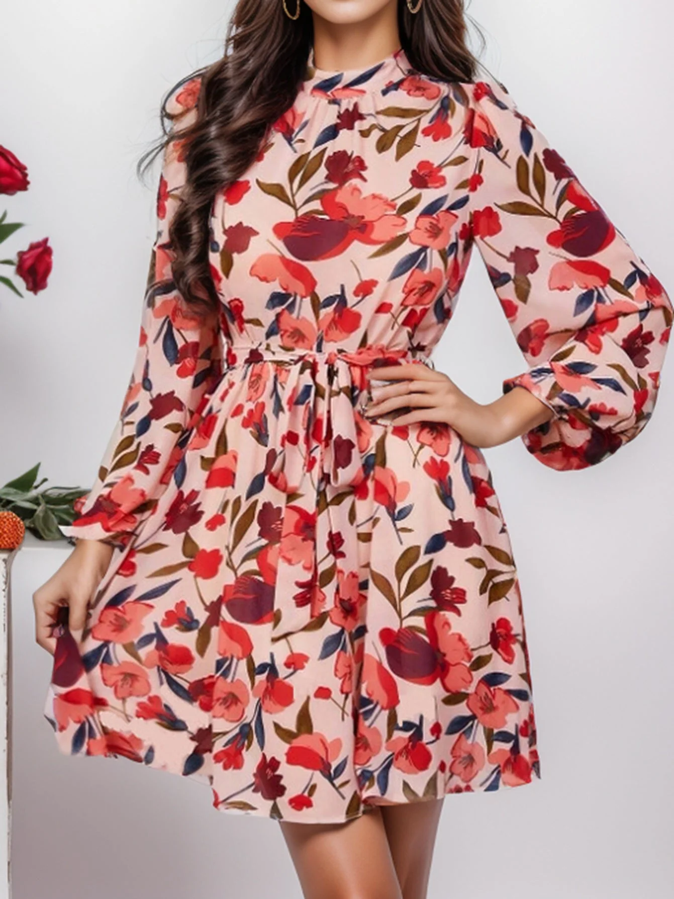 Nerea® | Women'S Floral Print Dress With Waist Belt And Long Sleeves - Image 6