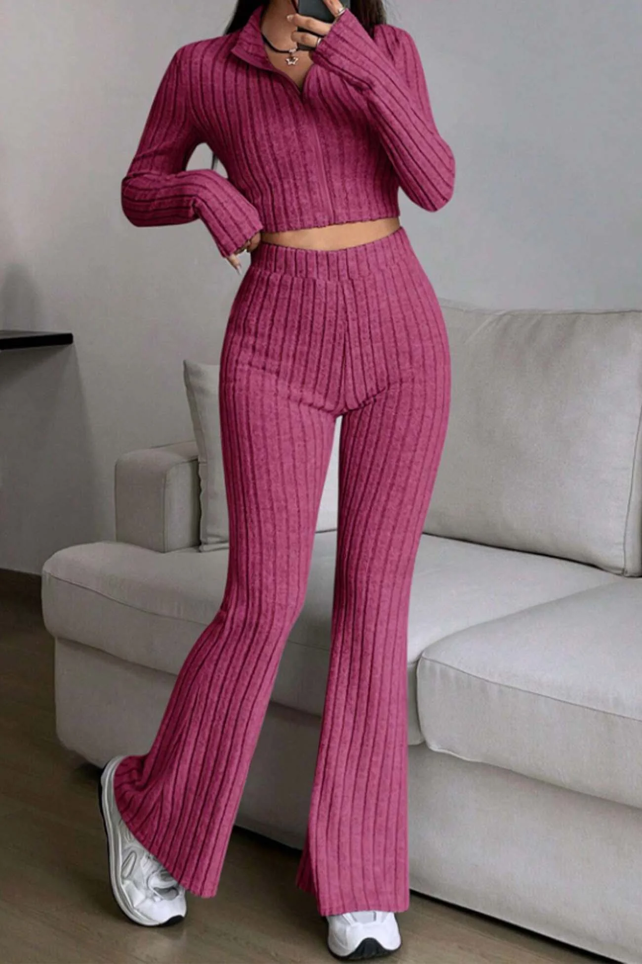 Nina | Long sleeve zip-up ribbed flared pants set - Image 2