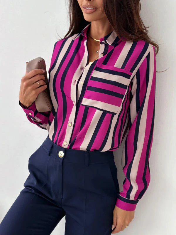 Olga® | Elegant Long-Sleeved Striped Button-Down Polo Blouse