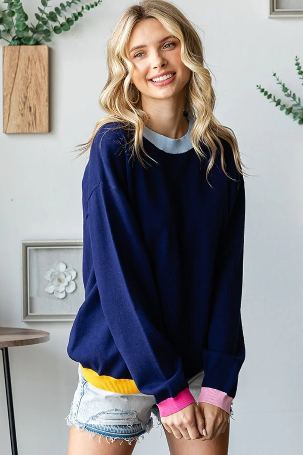 Olivia | First Love contrast long sleeve jumper with ribbed crew neck - Image 4