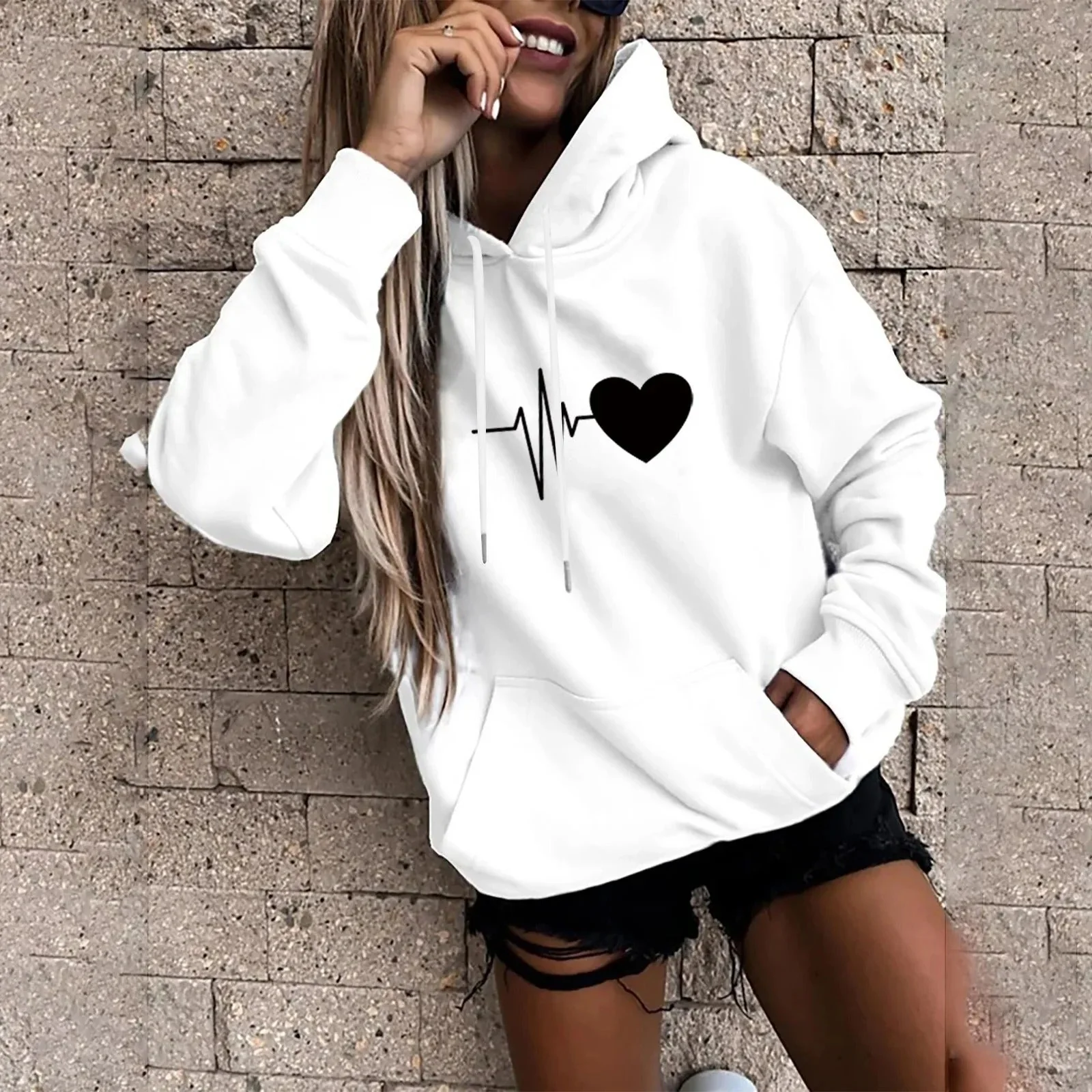 Olivia | Heart and heartbeat print hoodie for women - Image 6