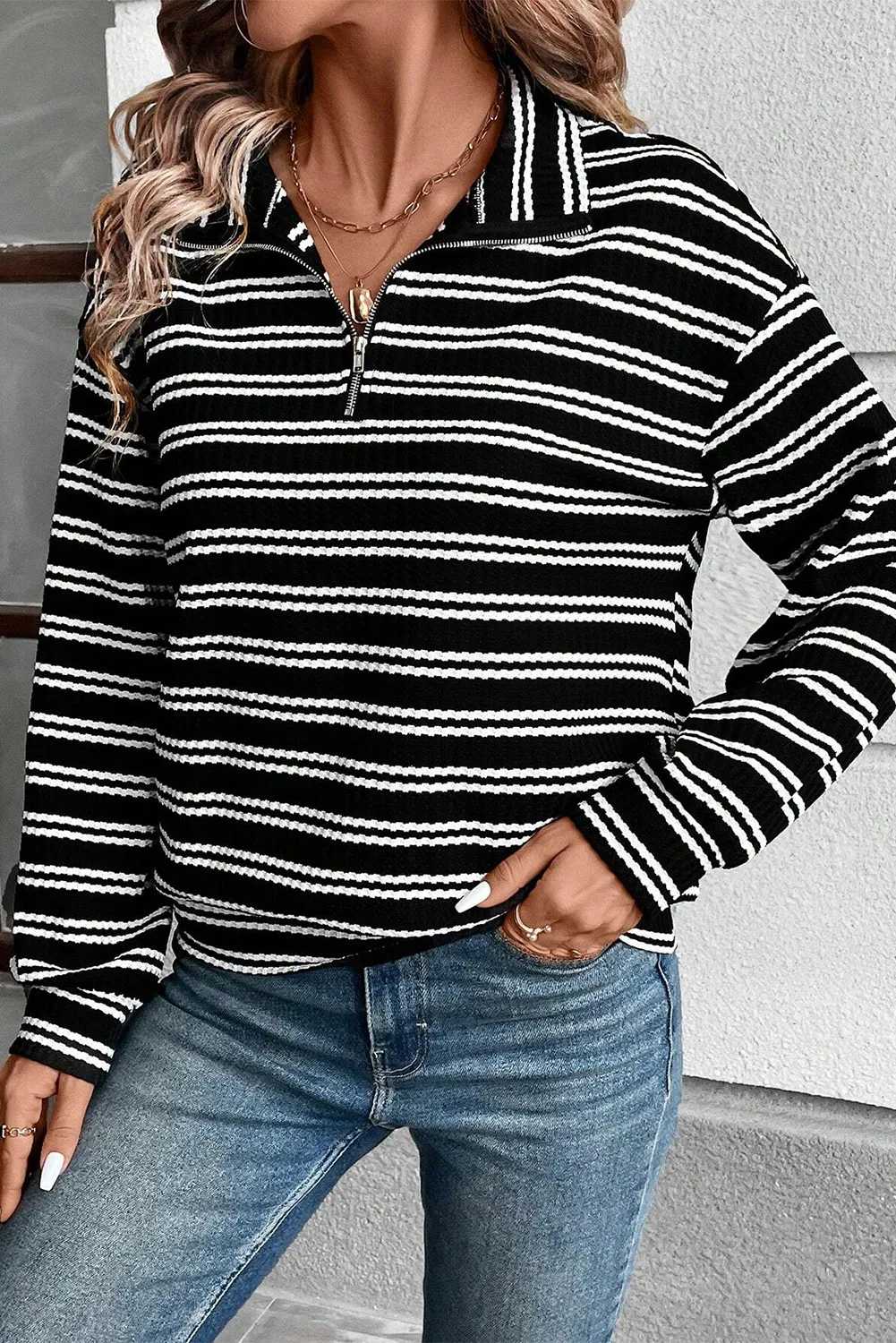 Olivia | Striped long sleeve half zip top