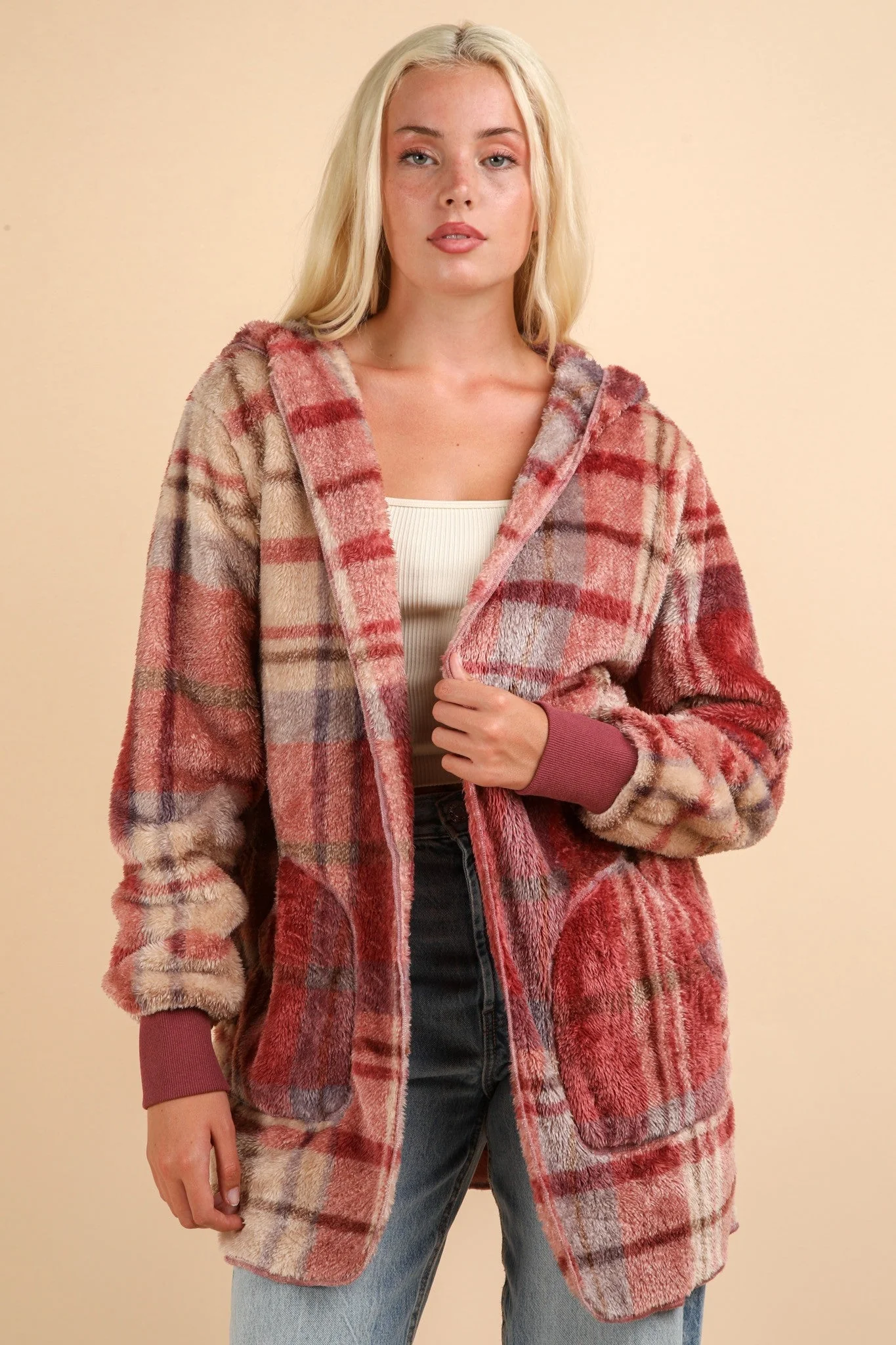 Paloma | VERY J Fuzzy Plaid Long Sleeve Hooded Jacket