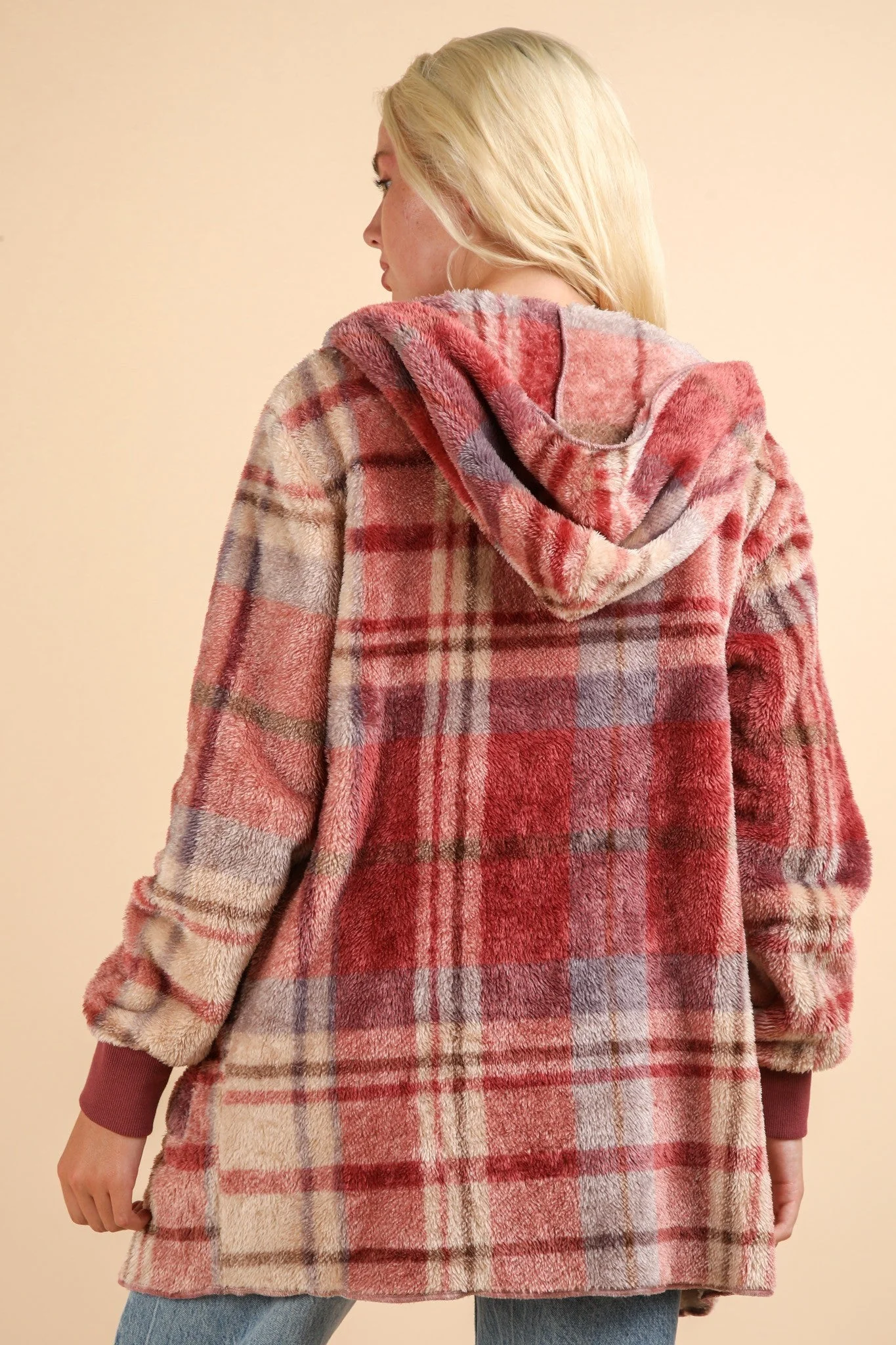 Paloma | VERY J Fuzzy Plaid Long Sleeve Hooded Jacket - Image 2