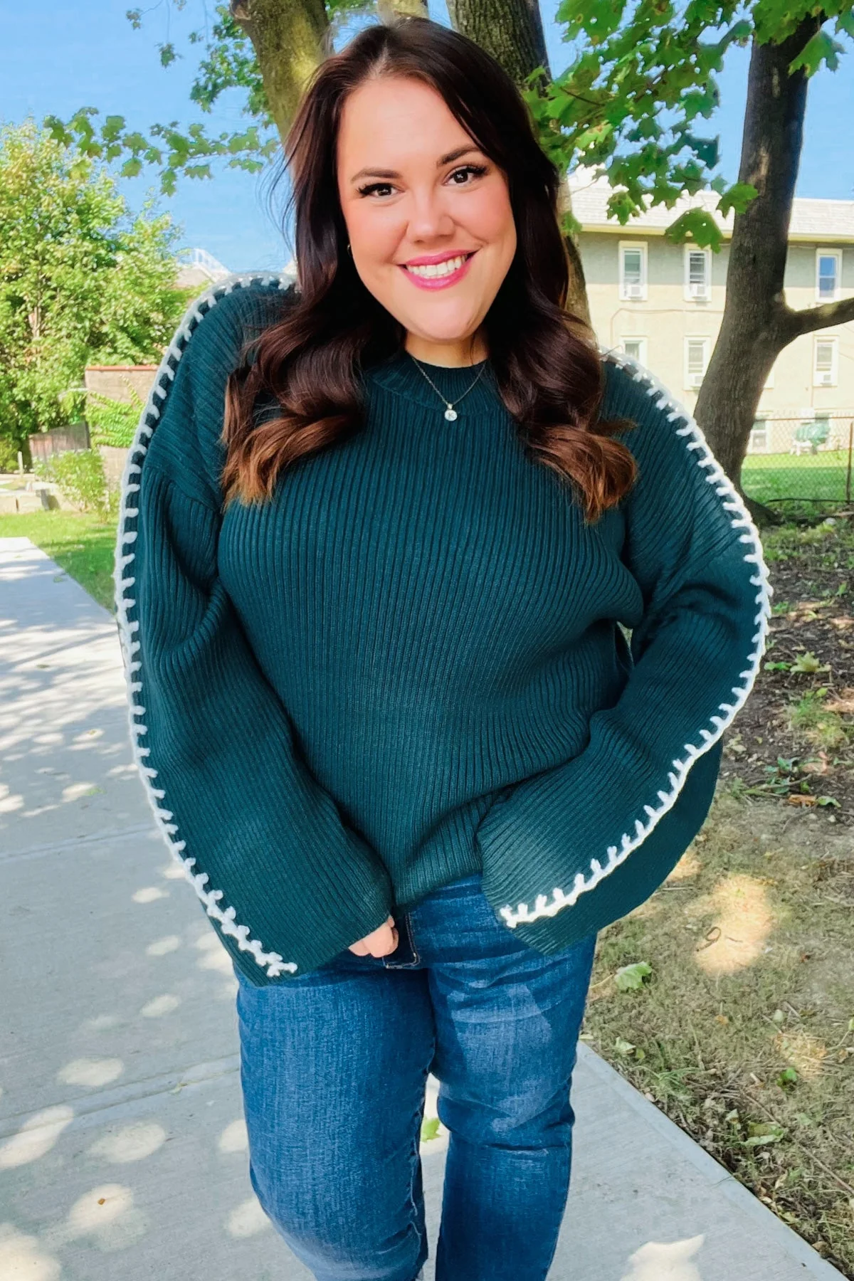 Paulina | Fall Vibes Hunter Green rib knit sweater with large stitches - Image 2