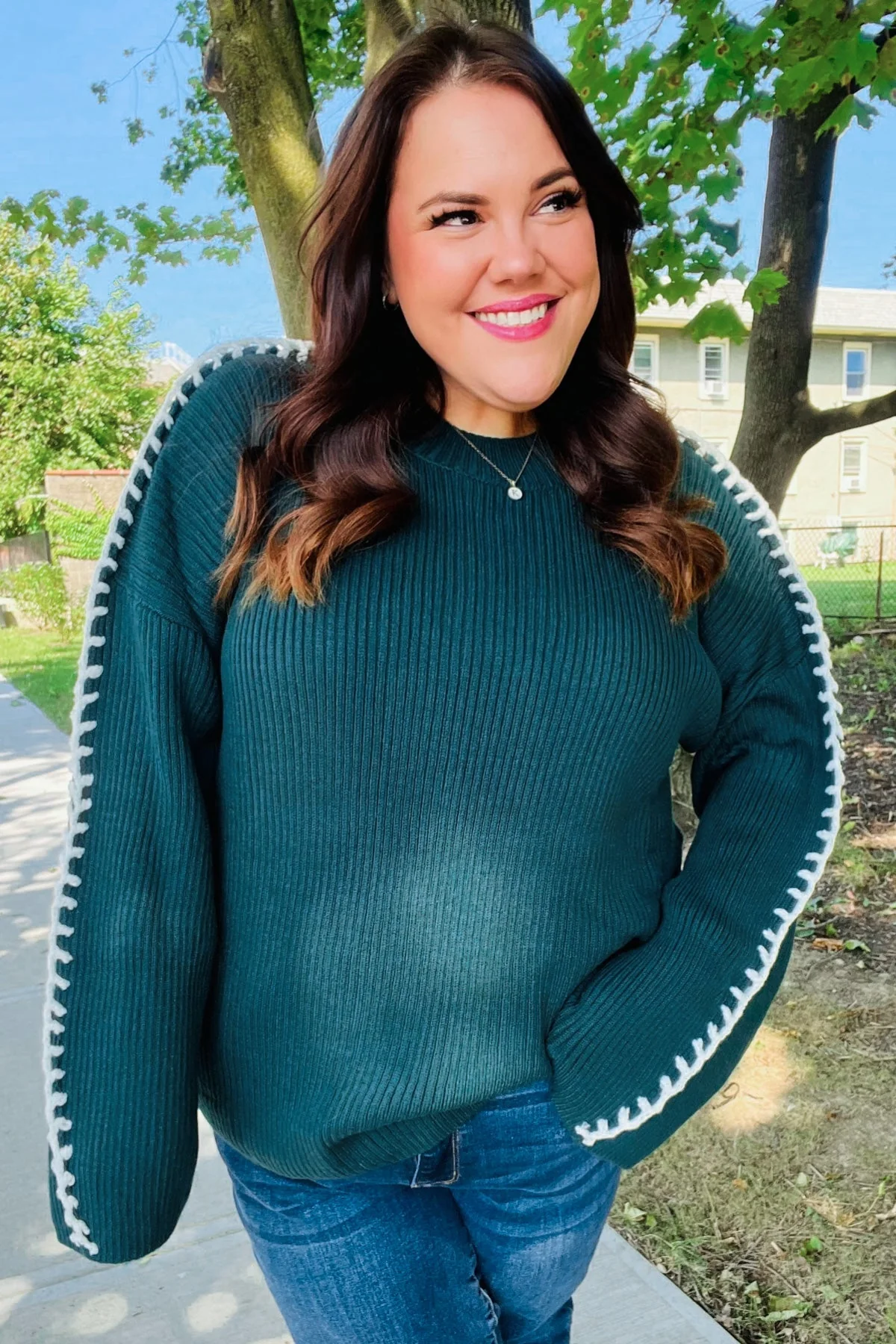 Paulina | Fall Vibes Hunter Green rib knit sweater with large stitches - Image 4