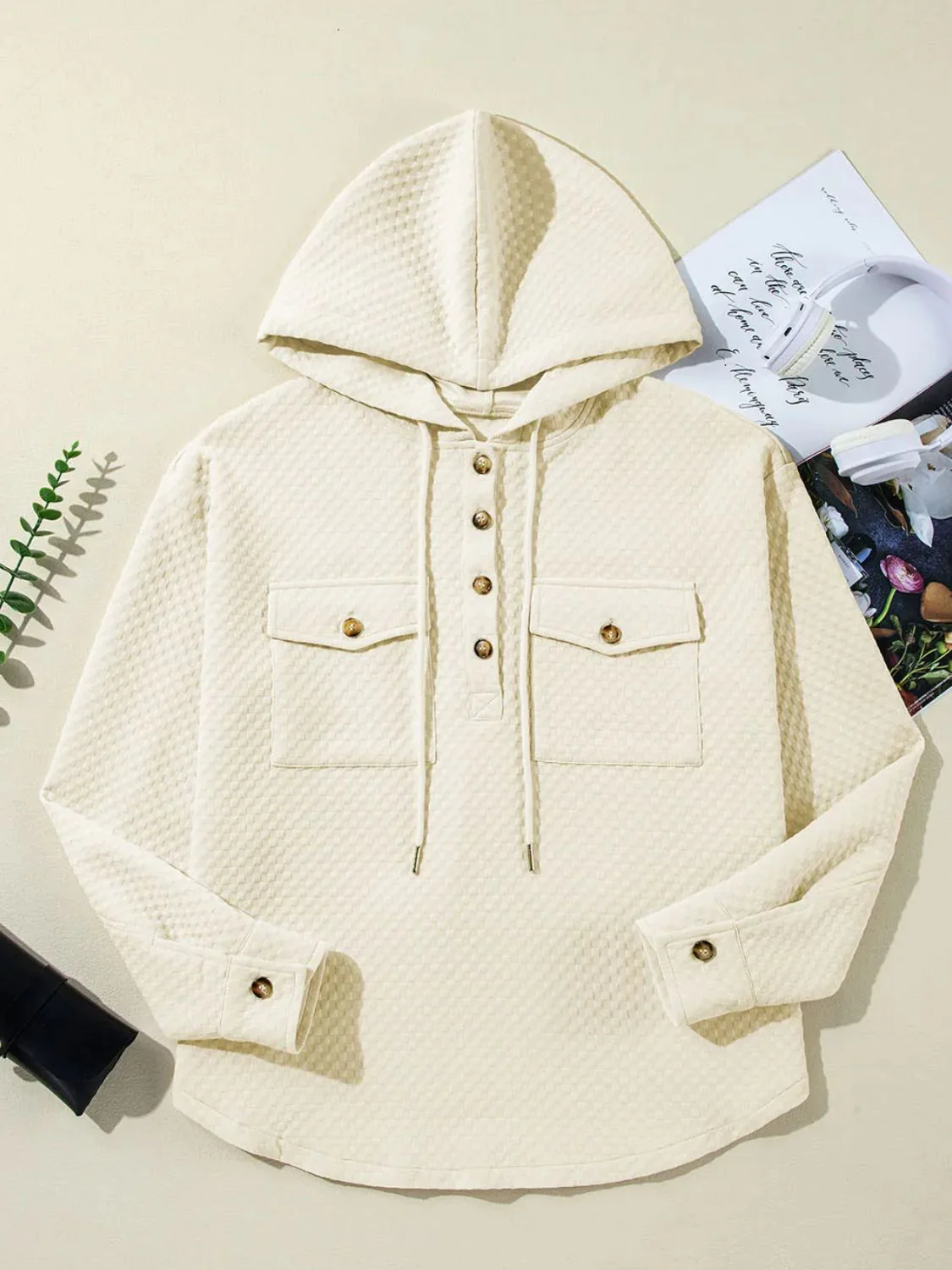 Paulina | Hooded sweater with drawstring and half-length button - Image 3