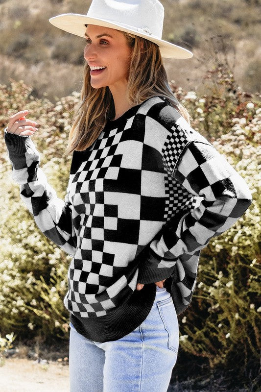 Petra | Checked crew neck sweater with dropped shoulders - Image 6