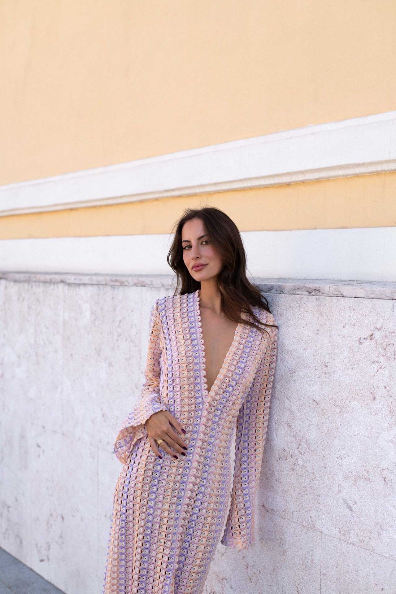 Pilar® | Boho V-Neck Bell Sleeve Maxi Dress, Wavy Striped Crochet Beach Holiday Maxi Dress - Image 10