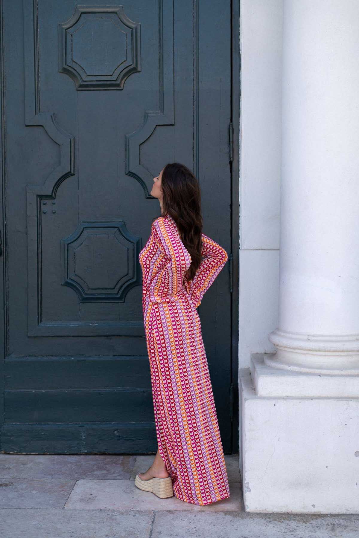 Pilar® | Boho V-Neck Bell Sleeve Maxi Dress, Wavy Striped Crochet Beach Holiday Maxi Dress - Image 14