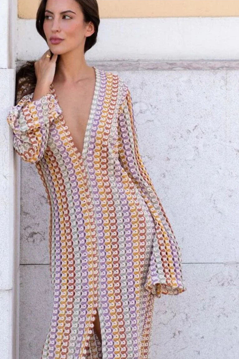 Pilar® | Boho V-Neck Bell Sleeve Maxi Dress, Wavy Striped Crochet Beach Holiday Maxi Dress - Image 24