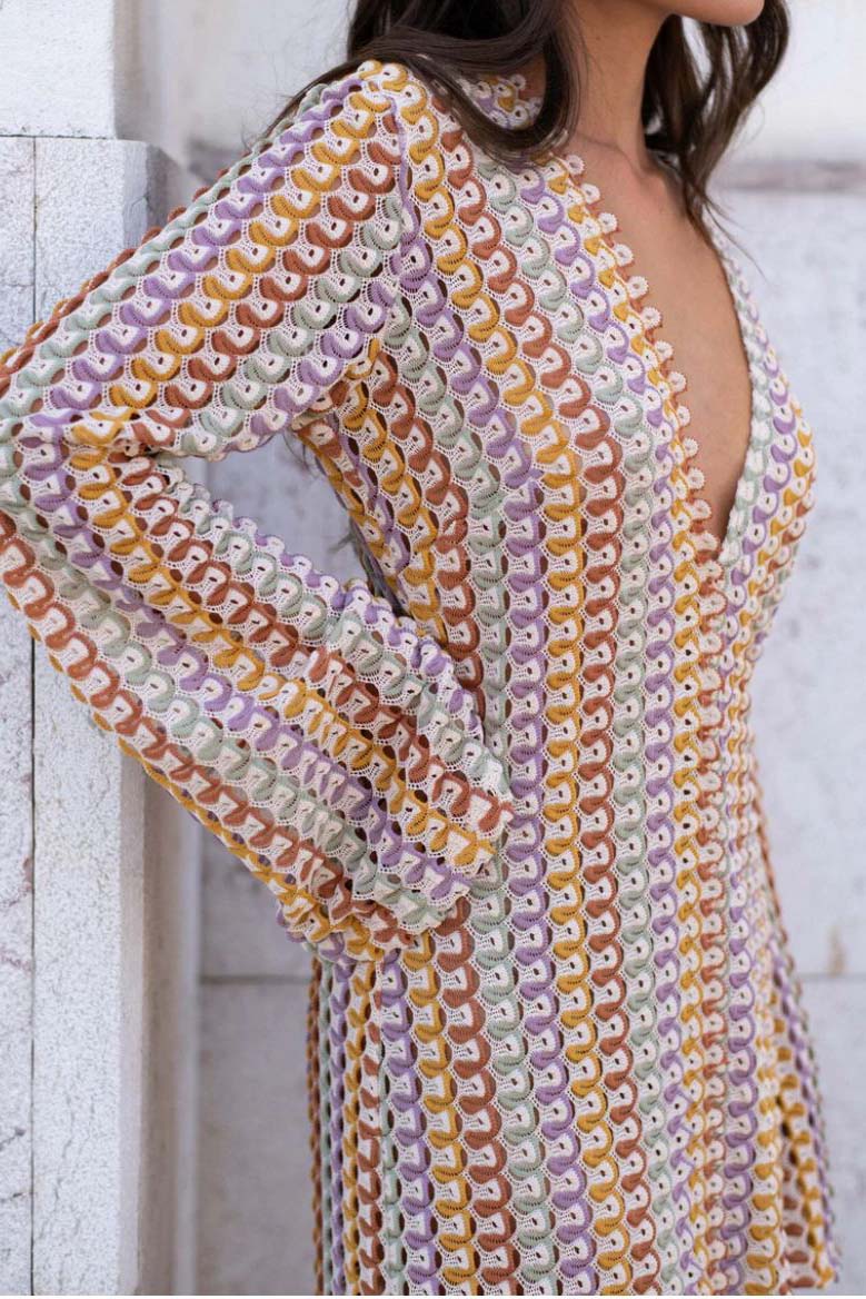 Pilar® | Boho V-Neck Bell Sleeve Maxi Dress, Wavy Striped Crochet Beach Holiday Maxi Dress - Image 7