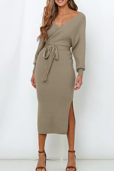 Pilar | Casual elegant solid backless slit strap design with V-neck pencil skirt - Image 10