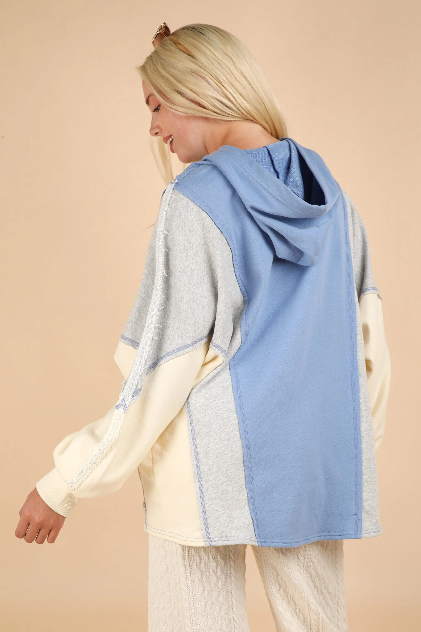 Pilar | VERY J hoodie with exposed seams and color block half buttons - Image 2