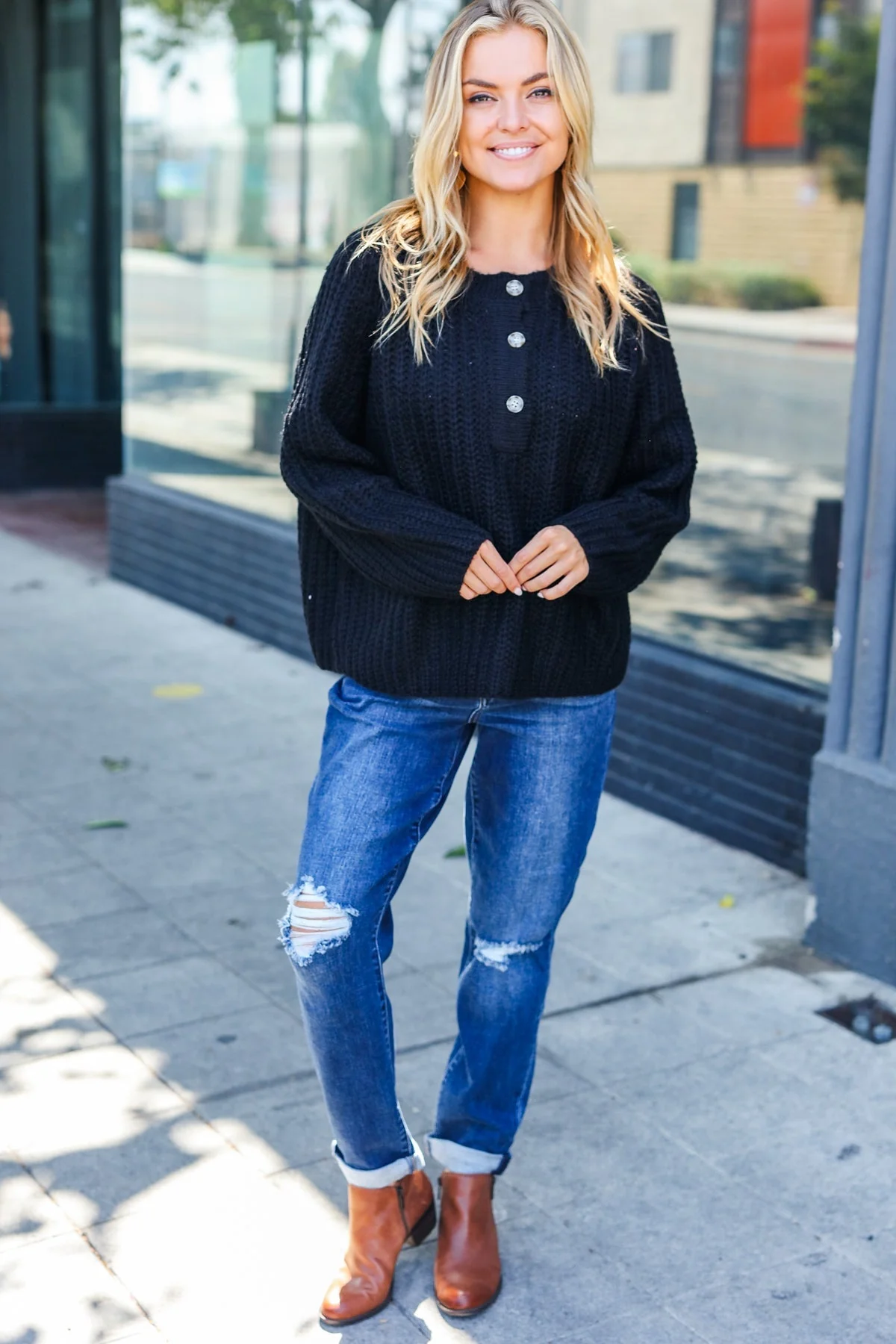 Pink | Casual Living Black Loose Knit Henley Button Jumper - Image 2