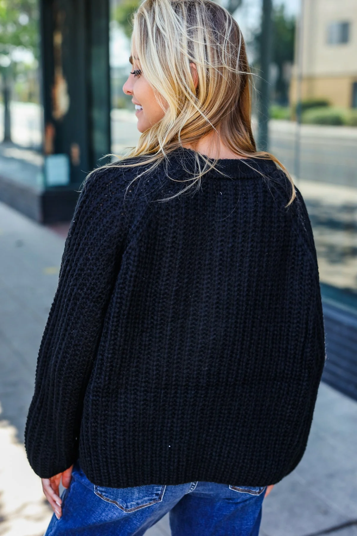 Pink | Casual Living Black Loose Knit Henley Button Jumper - Image 8