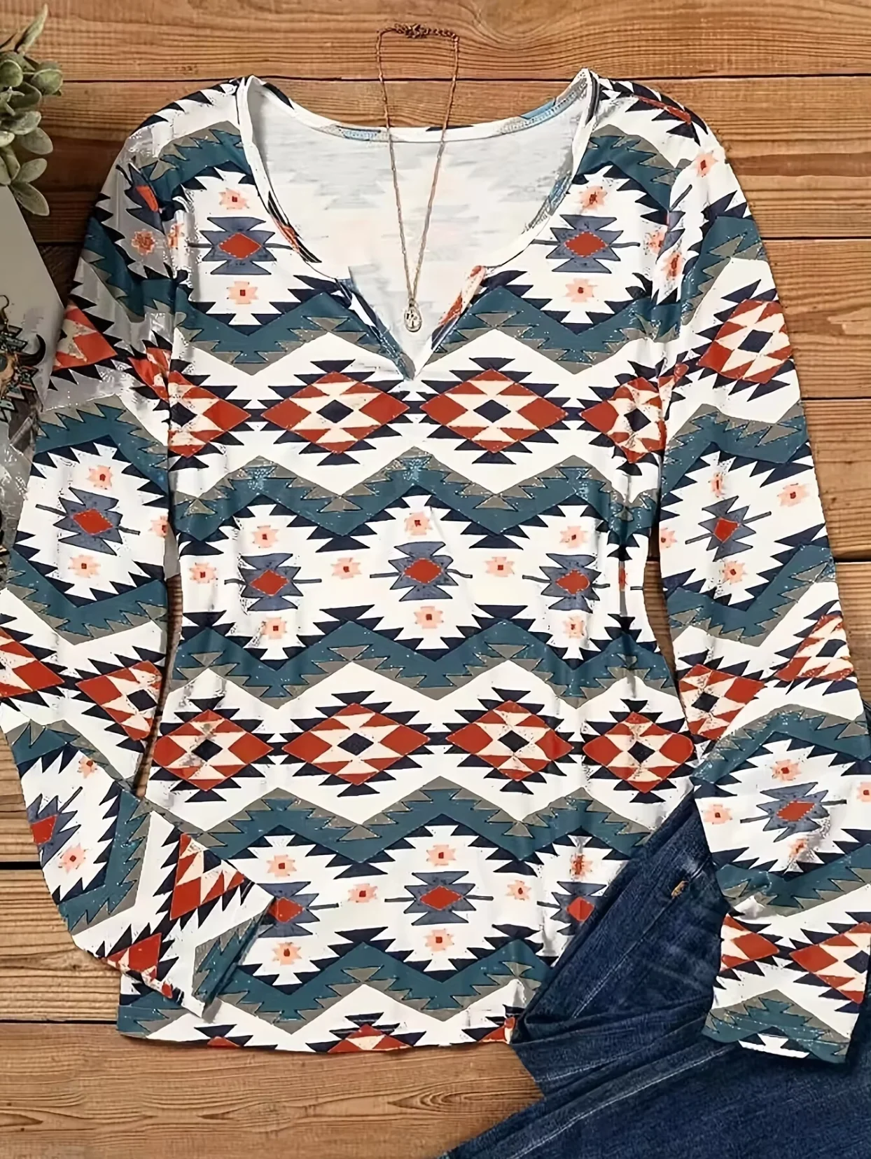 Pink | Long-sleeved cotton T-shirt with a geometric print - Image 2