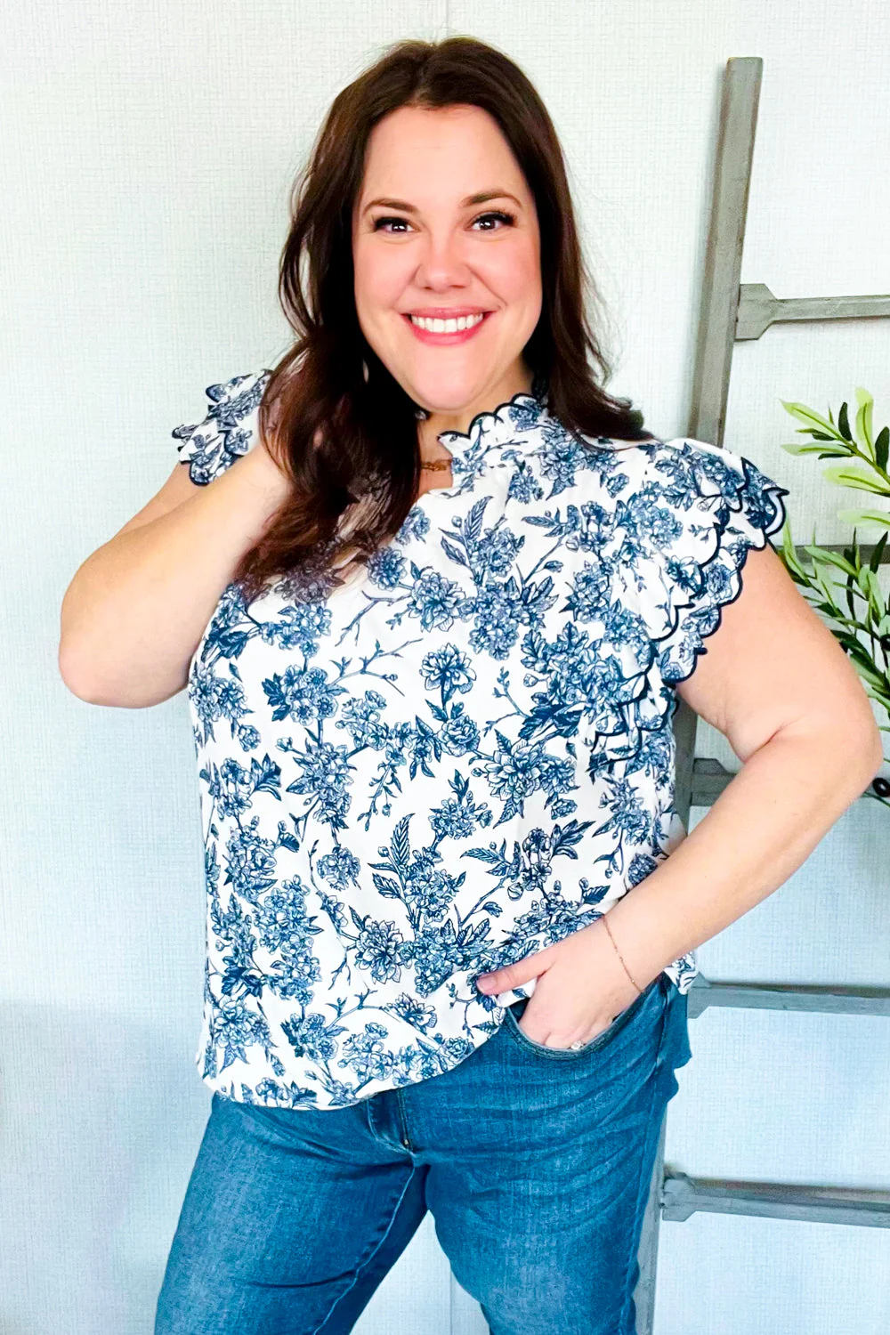 Pink® | Navy/ivory vintage vibes top with embroidered ruffle sleeves and notched neckline