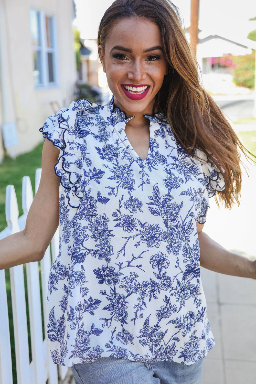 Pink® | Navy/ivory vintage vibes top with embroidered ruffle sleeves and notched neckline - Image 2