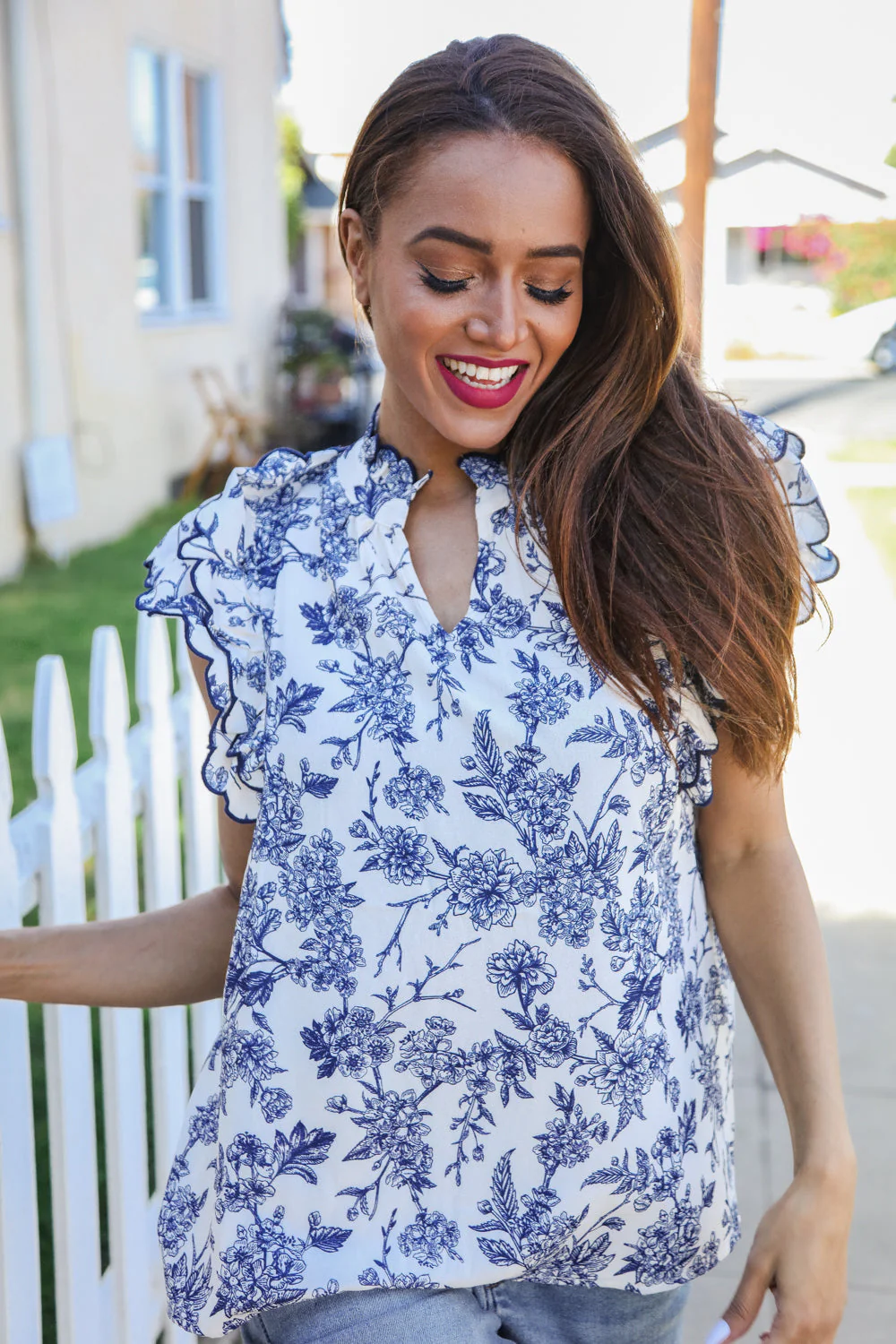 Pink® | Navy/ivory vintage vibes top with embroidered ruffle sleeves and notched neckline - Image 8