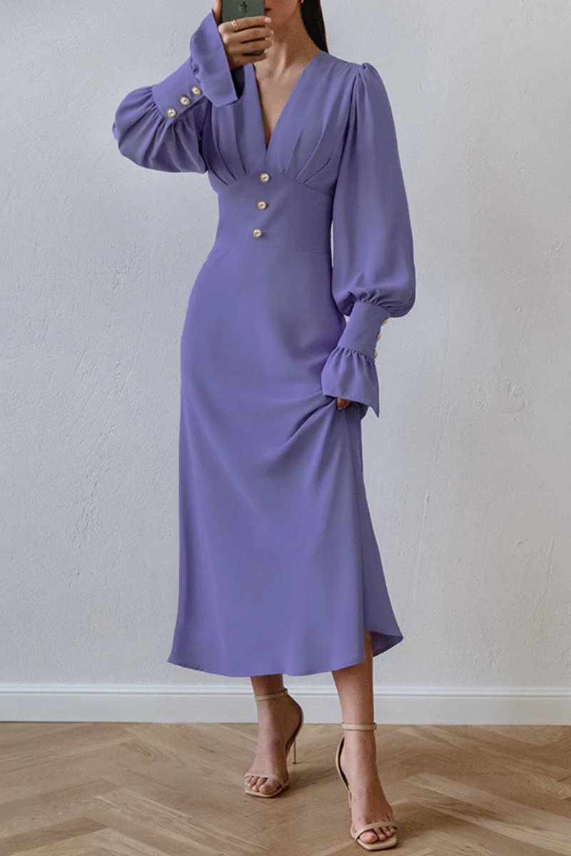 Ramona | Elegant, simple A-line dresses with plain buttons and V-neck - Image 3