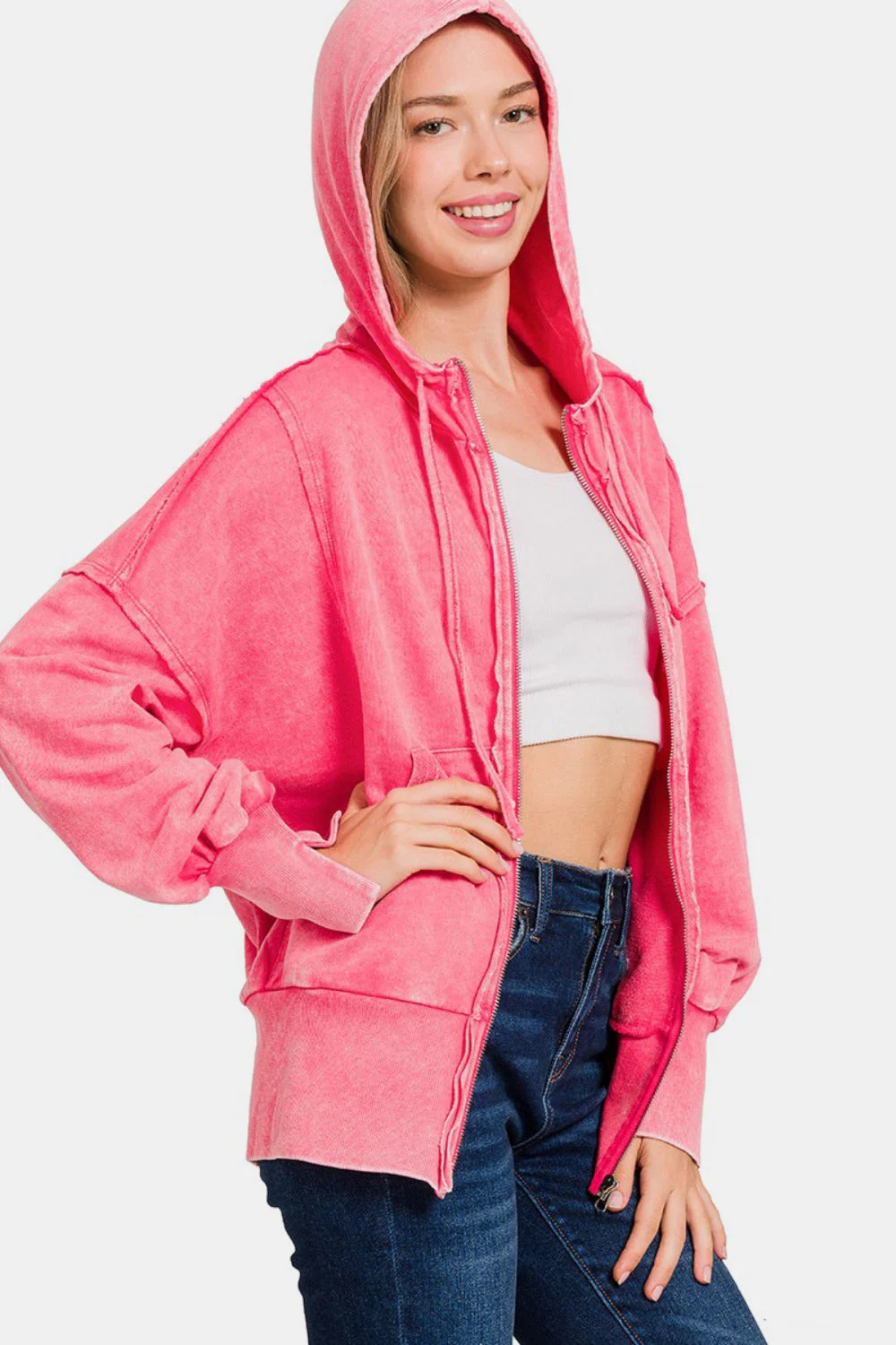 Raquel | Acid-washed French terry zip-up hoodie with pockets - Image 3