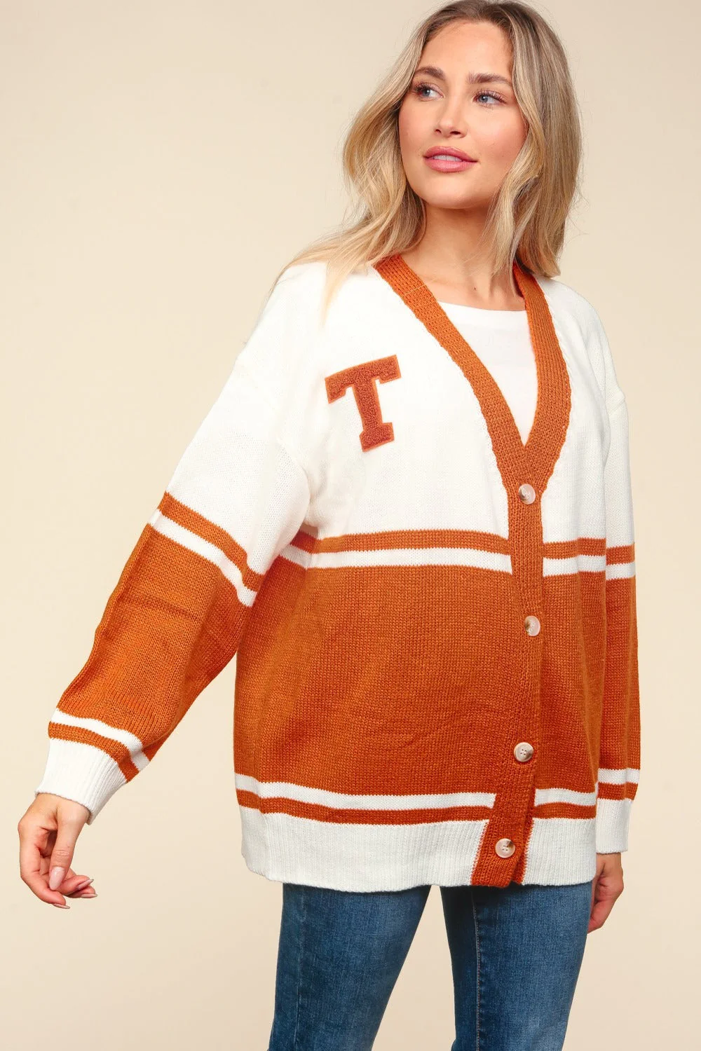 Raquel | Haptics full size cardigan with V-neck, button placket and letter patch - Image 3