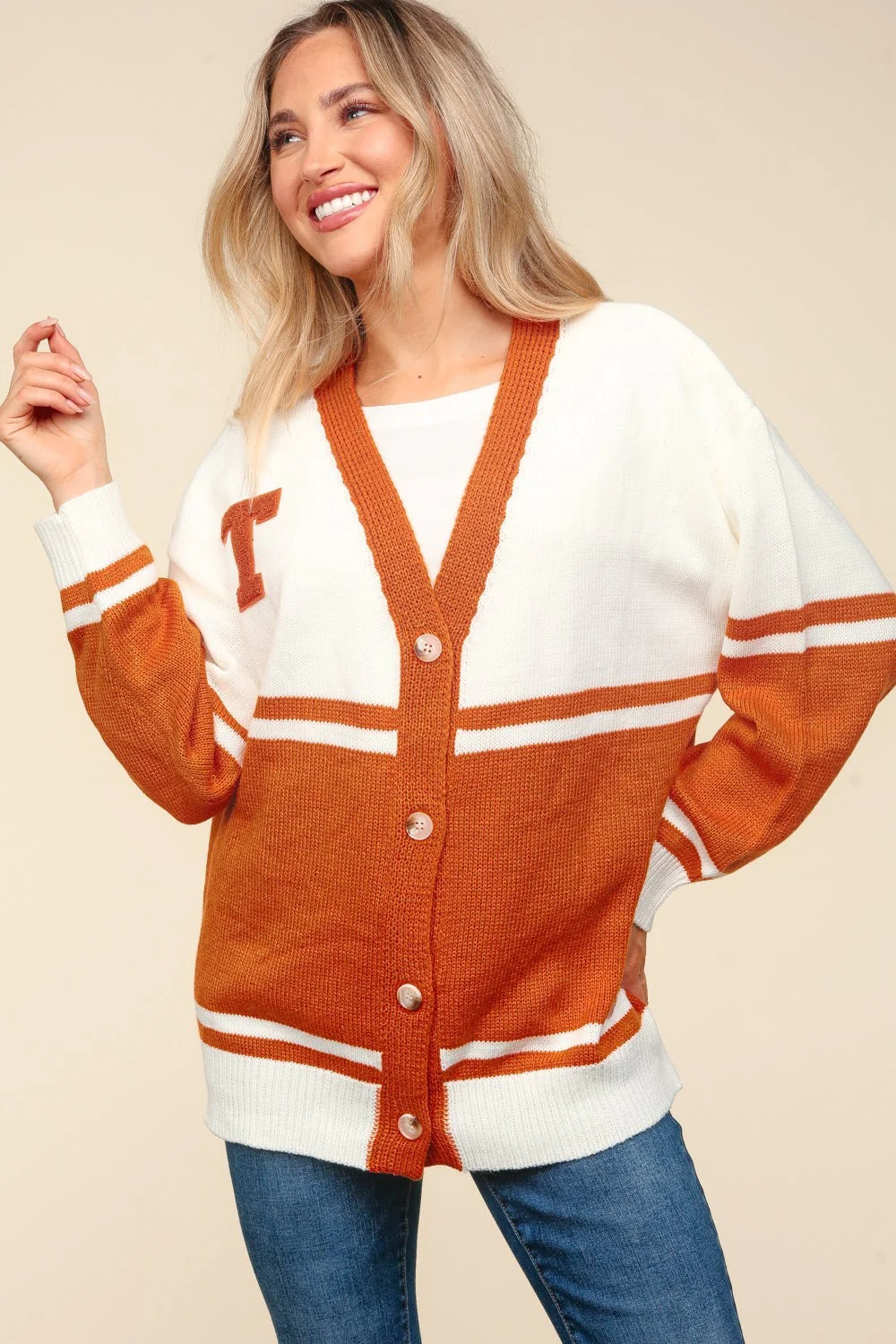 Raquel | Haptics full size cardigan with V-neck, button placket and letter patch - Image 4