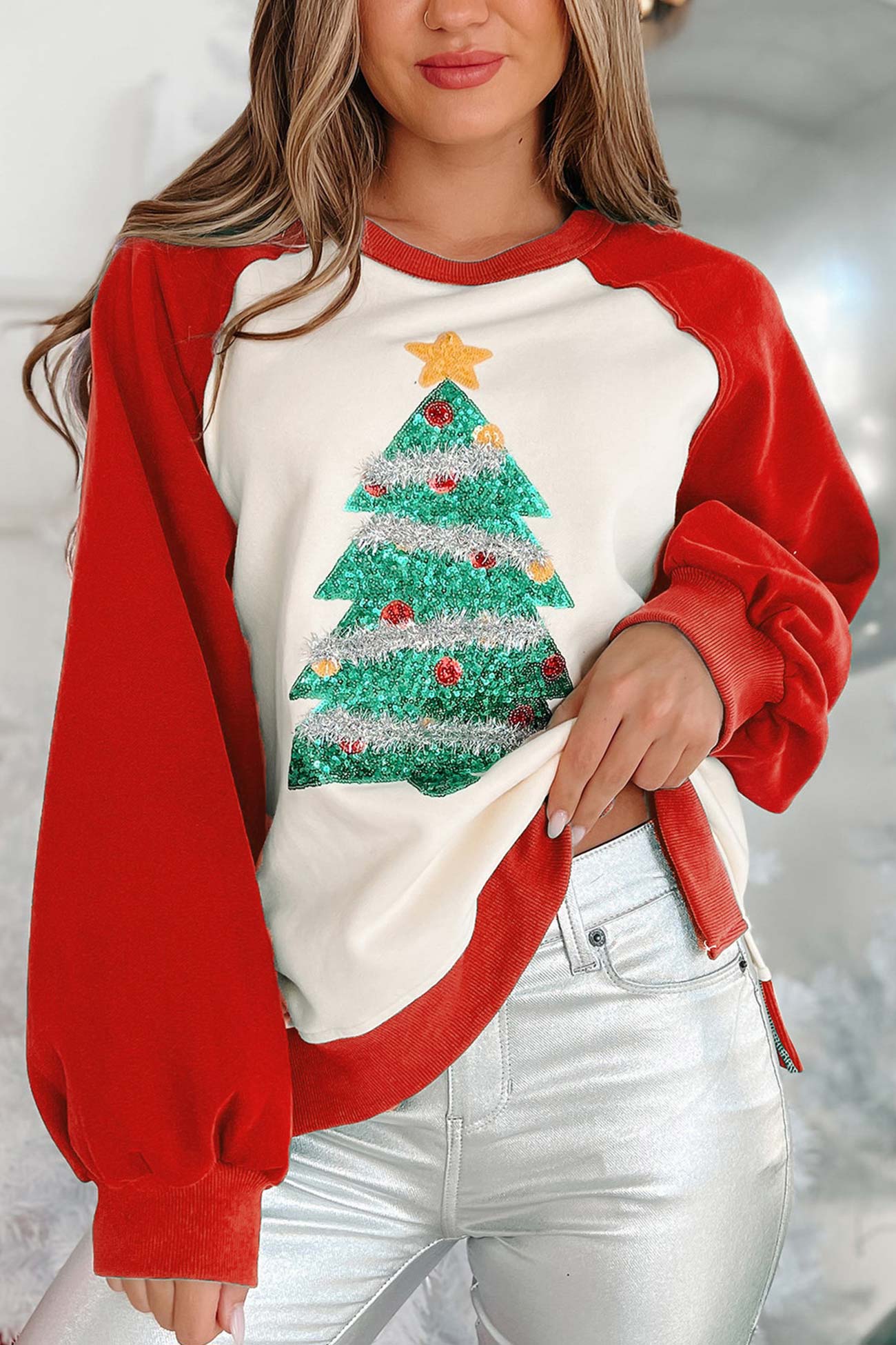 Regine | Splicing sequin Christmas tree sweatshirt