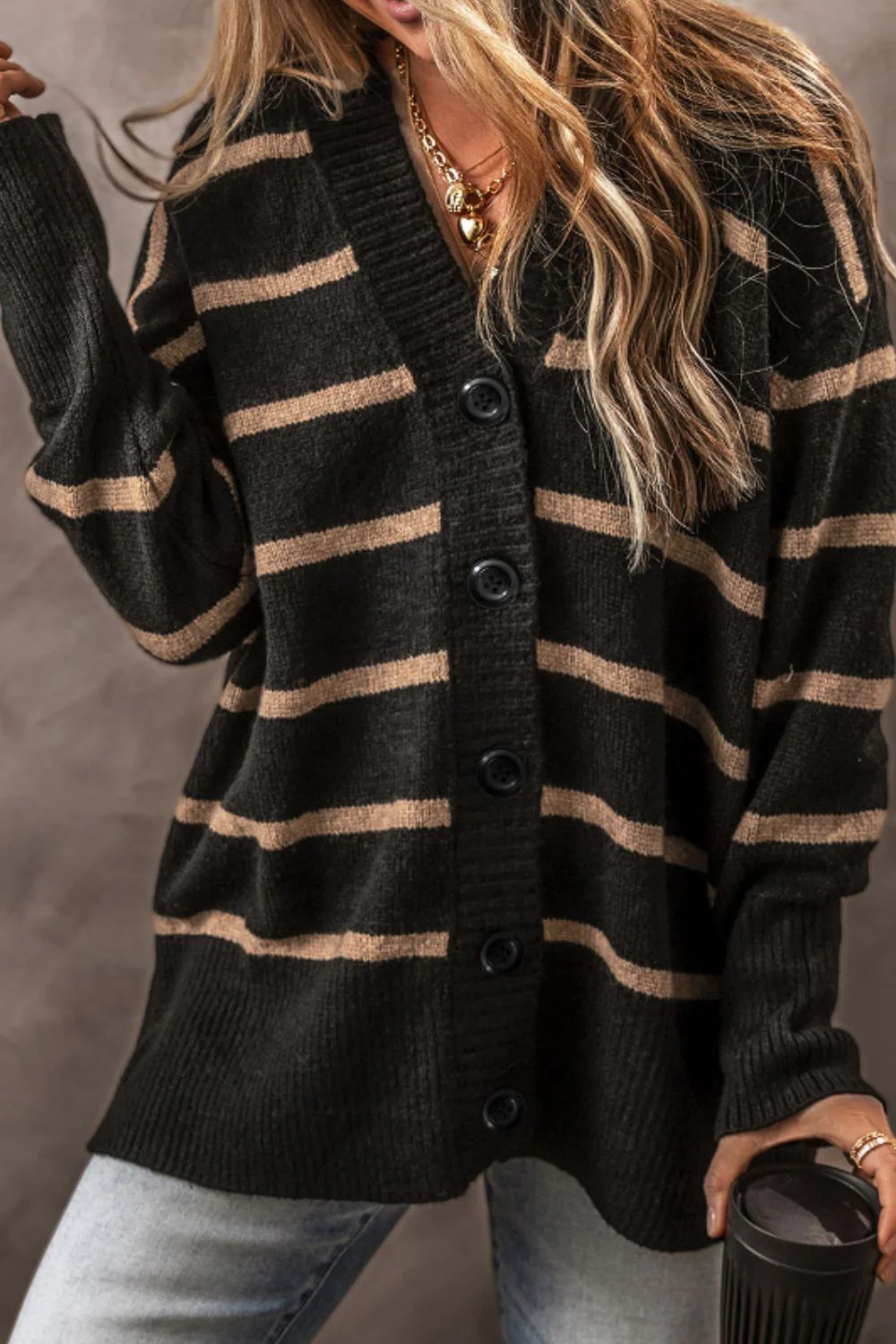 Renata | Striped, long-sleeved cardigan with button placket - Image 5