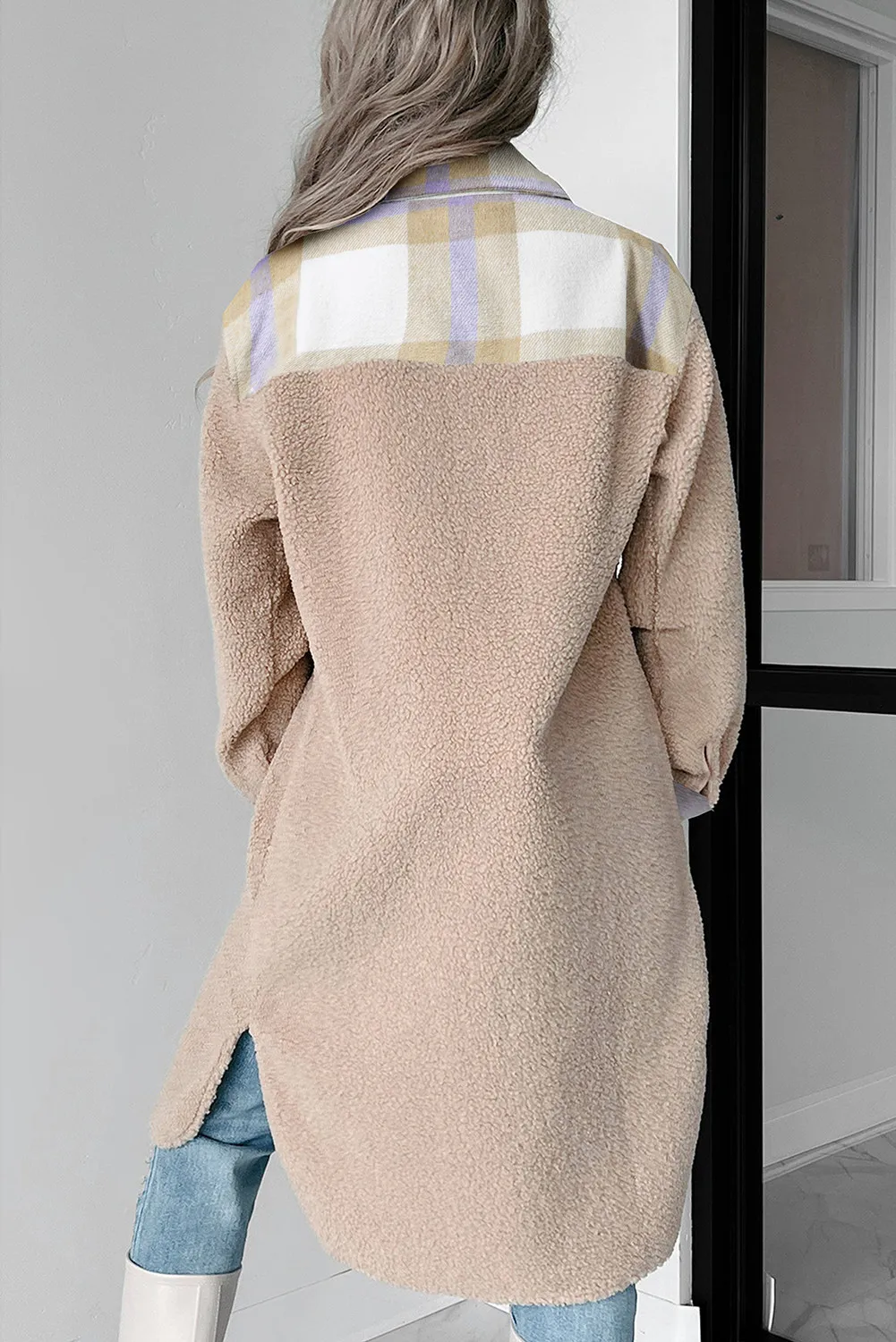 Renee | Long-sleeved slit check coat with button placket - Image 2