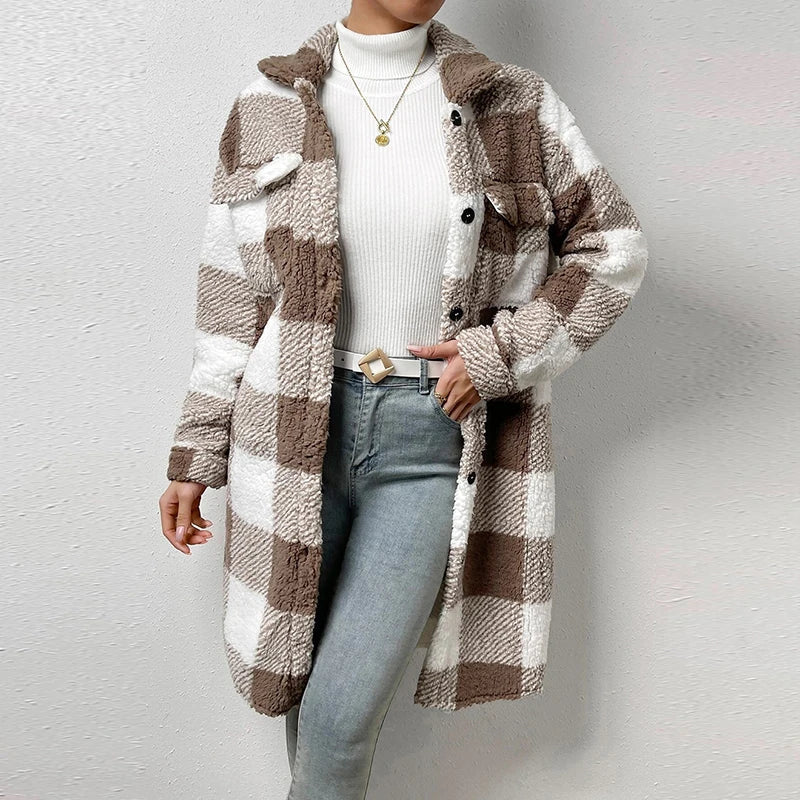 Rita | Long casual checked lambswool jacket for women - Image 2