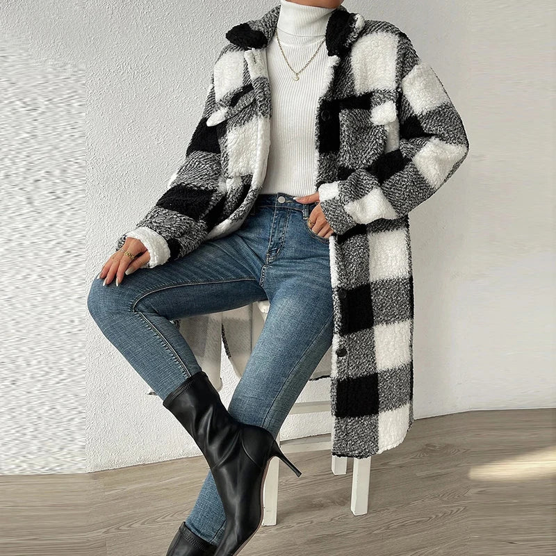 Rita | Long casual checked lambswool jacket for women - Image 8