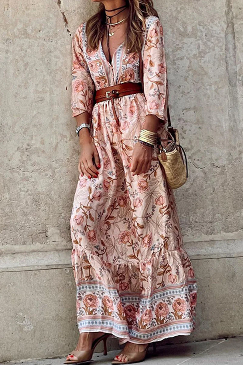 Rocio | Bohemian floral belted V-neck A-line dress