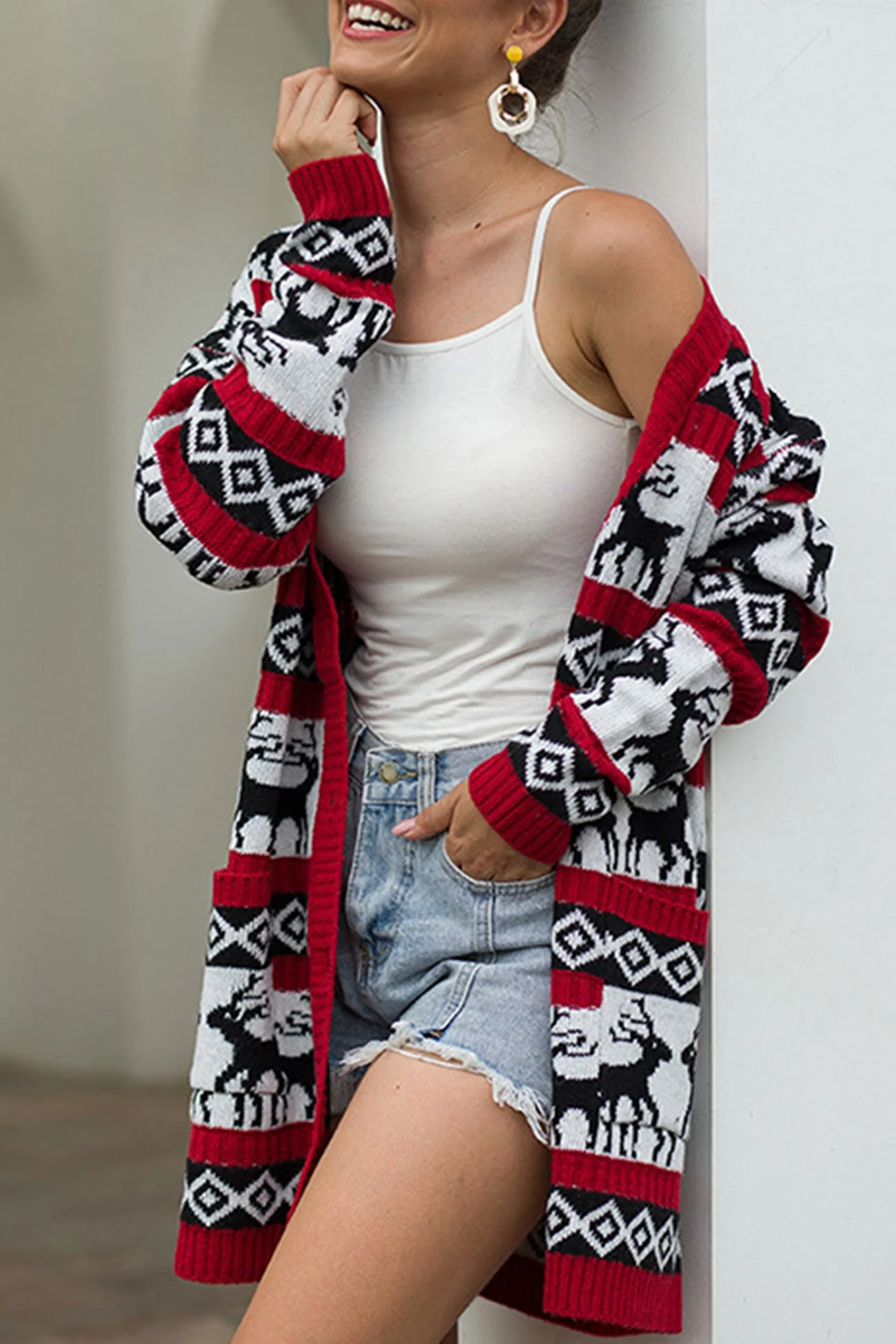 Rosanna | Mid-length cardigan with a Christmas snowflake deer pattern