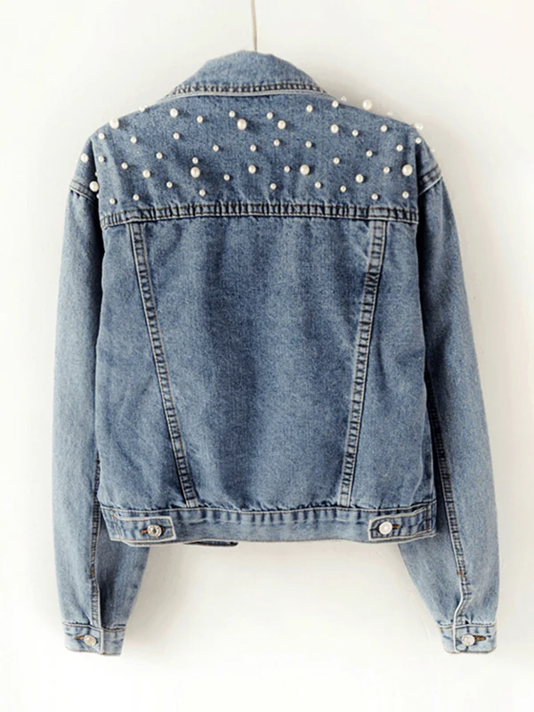 Sabina | Denim jacket, buttoned pockets, rhinestone pearl trim, lapel collar, long sleeves, women's fashion, casual, oversized, casual