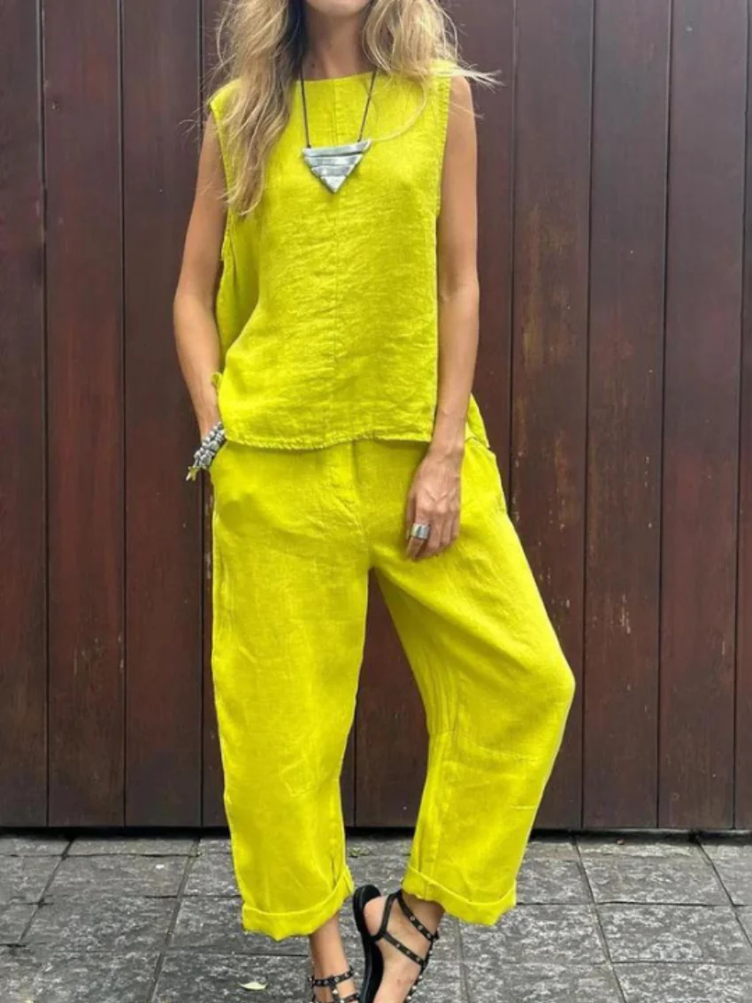 Samantha® | Casual Sleeveless Cotton And Linen Top And Pants Set - Image 3