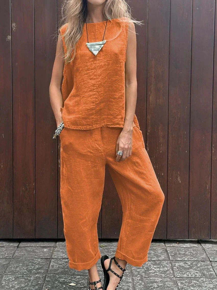 Samantha® | Casual Sleeveless Cotton And Linen Top And Pants Set - Image 5